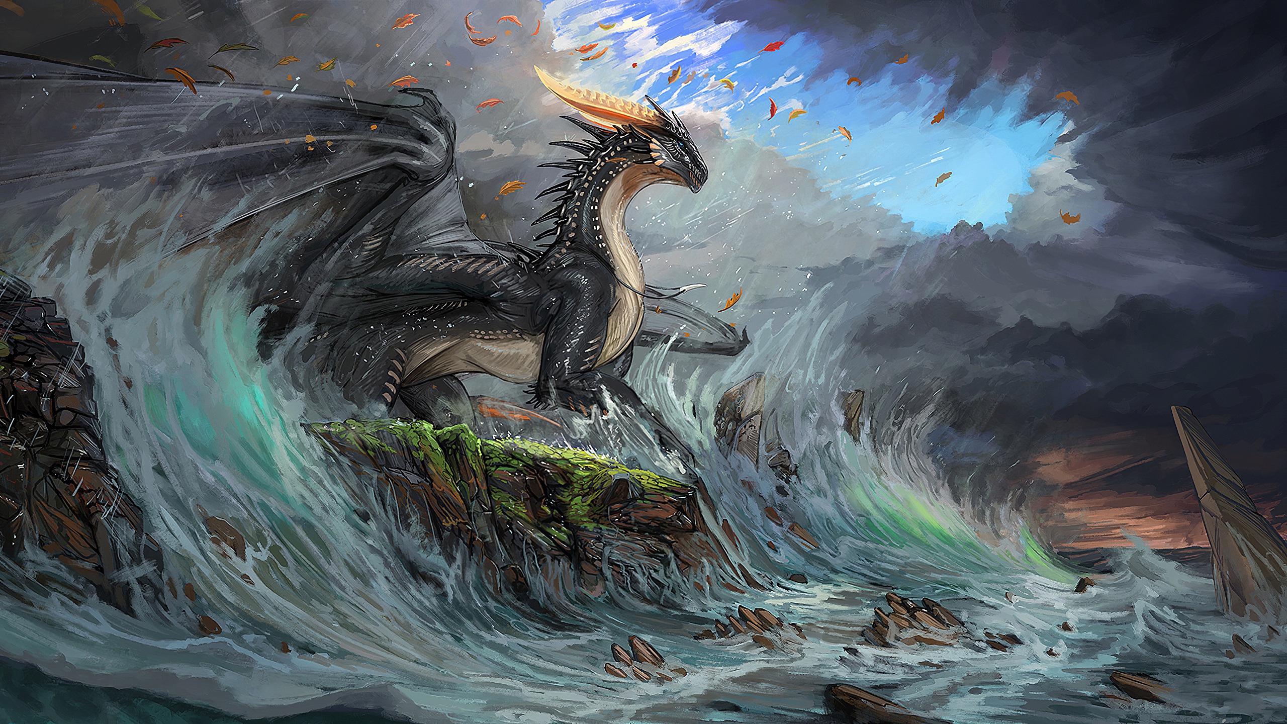 Free download wallpaper Fantasy, Dragon, Wave on your PC desktop