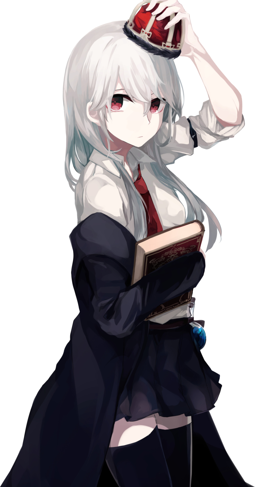 Download mobile wallpaper Anime, Crown, Book, Shirt, Tie, Original, Red Eyes, Long Hair, Thigh Highs, White Hair for free.