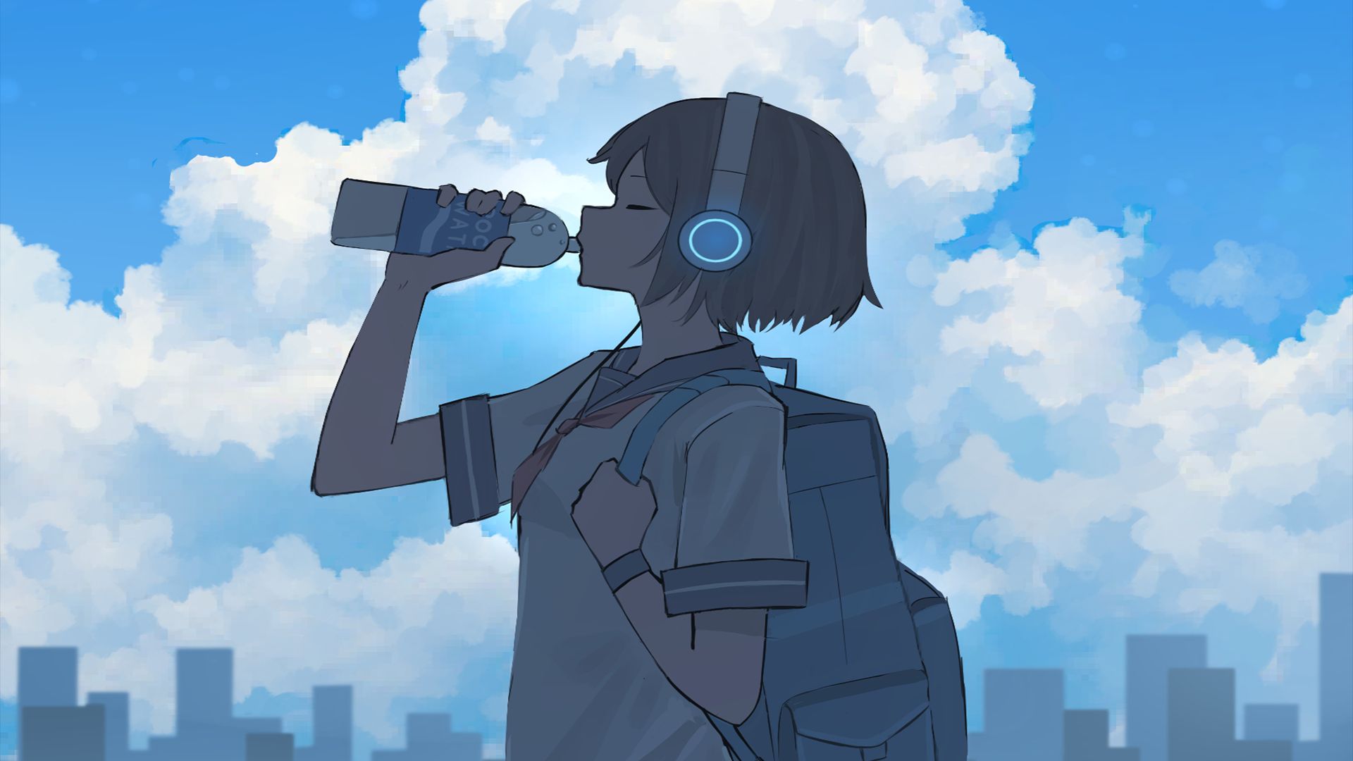 Download mobile wallpaper Anime, Headphones, Cloud, Original, School Uniform for free.