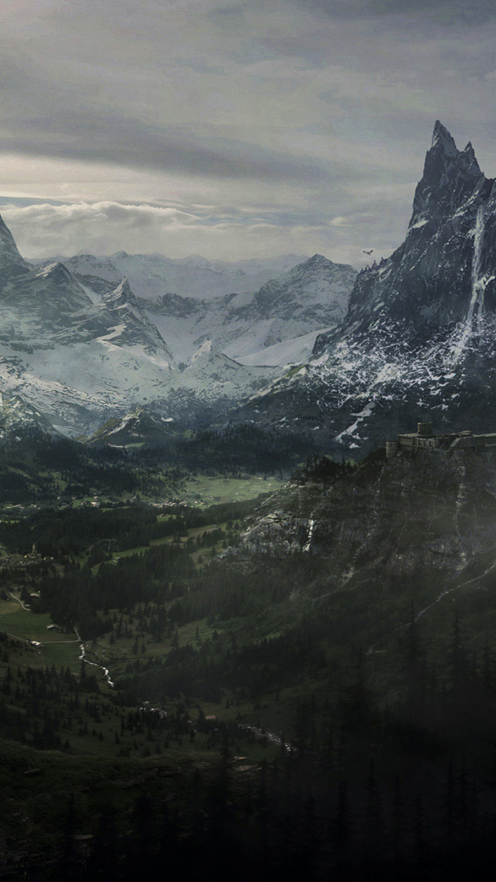 Скачати мобільні шпалери Гора, Водоспад, Ліс, Руїни, Відеогра, Skyrim, The Elder Scrolls V: Skyrim, The Elder Scrolls безкоштовно.