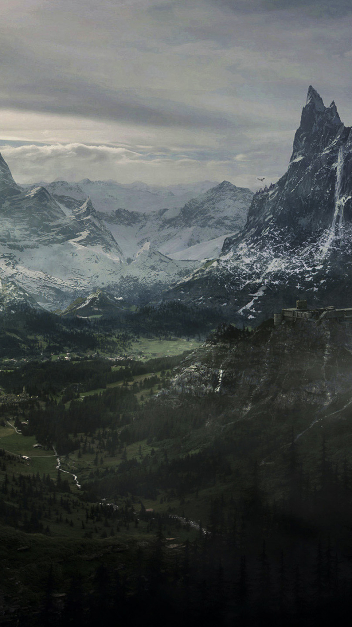 Handy-Wallpaper Berg, Wasserfall, Wald, Gebirge, Zugrunde Richten, Ruinen, Computerspiele, Skyrim, The Elder Scrolls V: Skyrim, The Elder Scrolls kostenlos herunterladen.