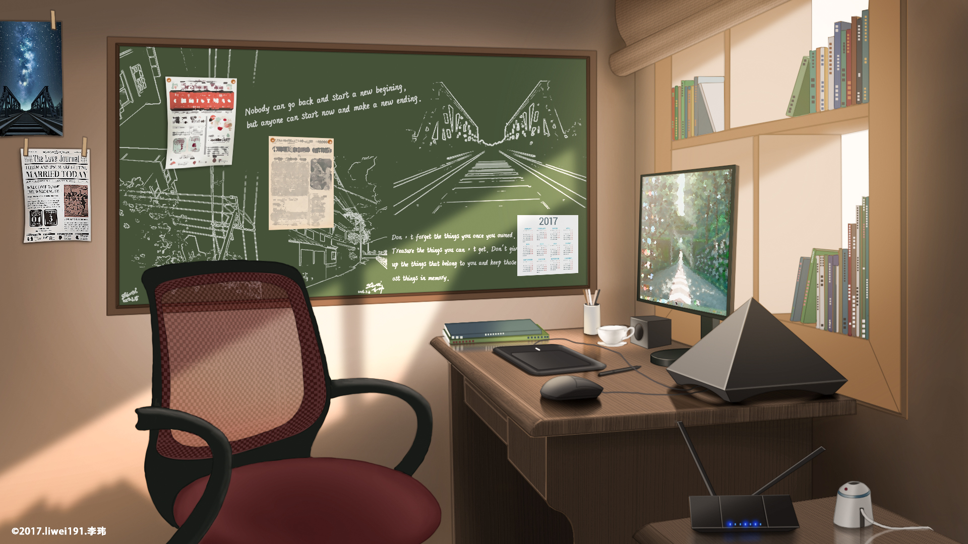 pen, anime, room, chair, computer
