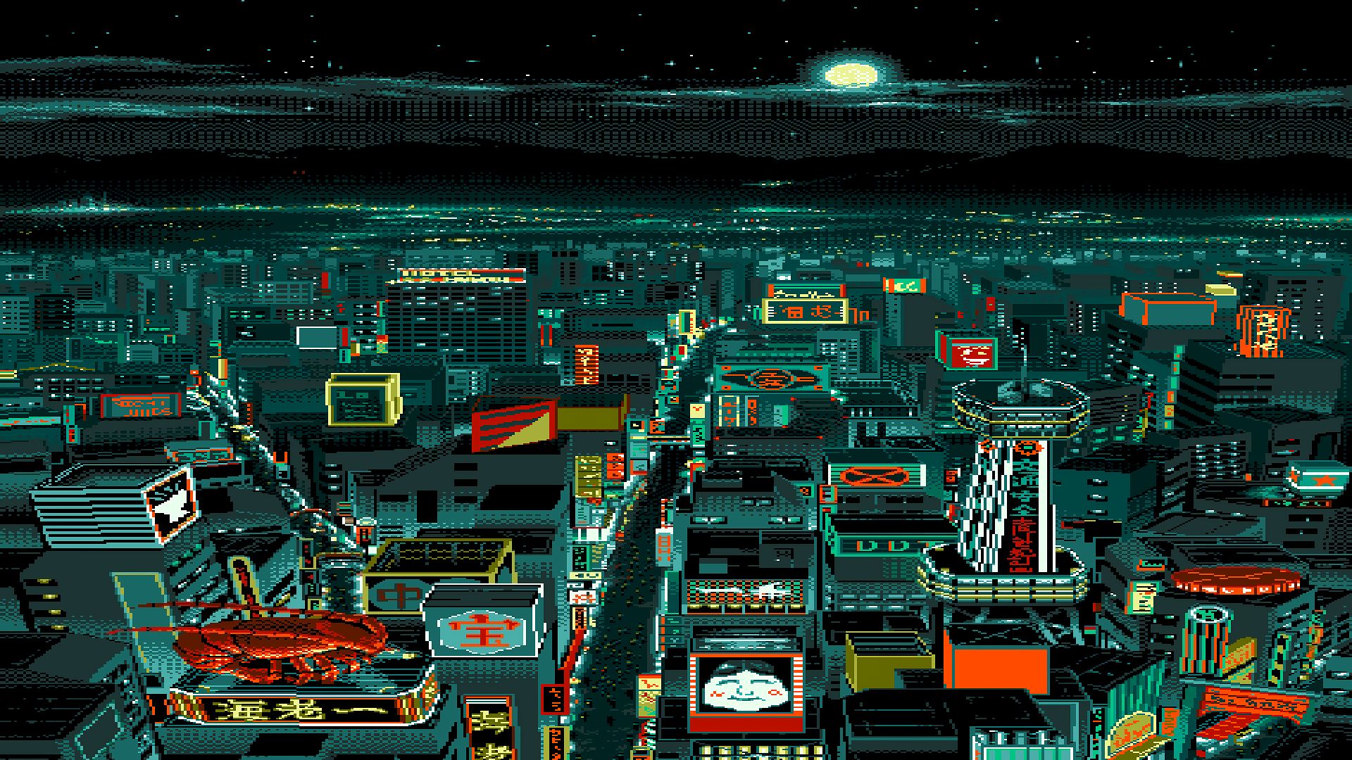 Download mobile wallpaper Night, City, Neon, Artistic, Japanese, Pixel Art for free.