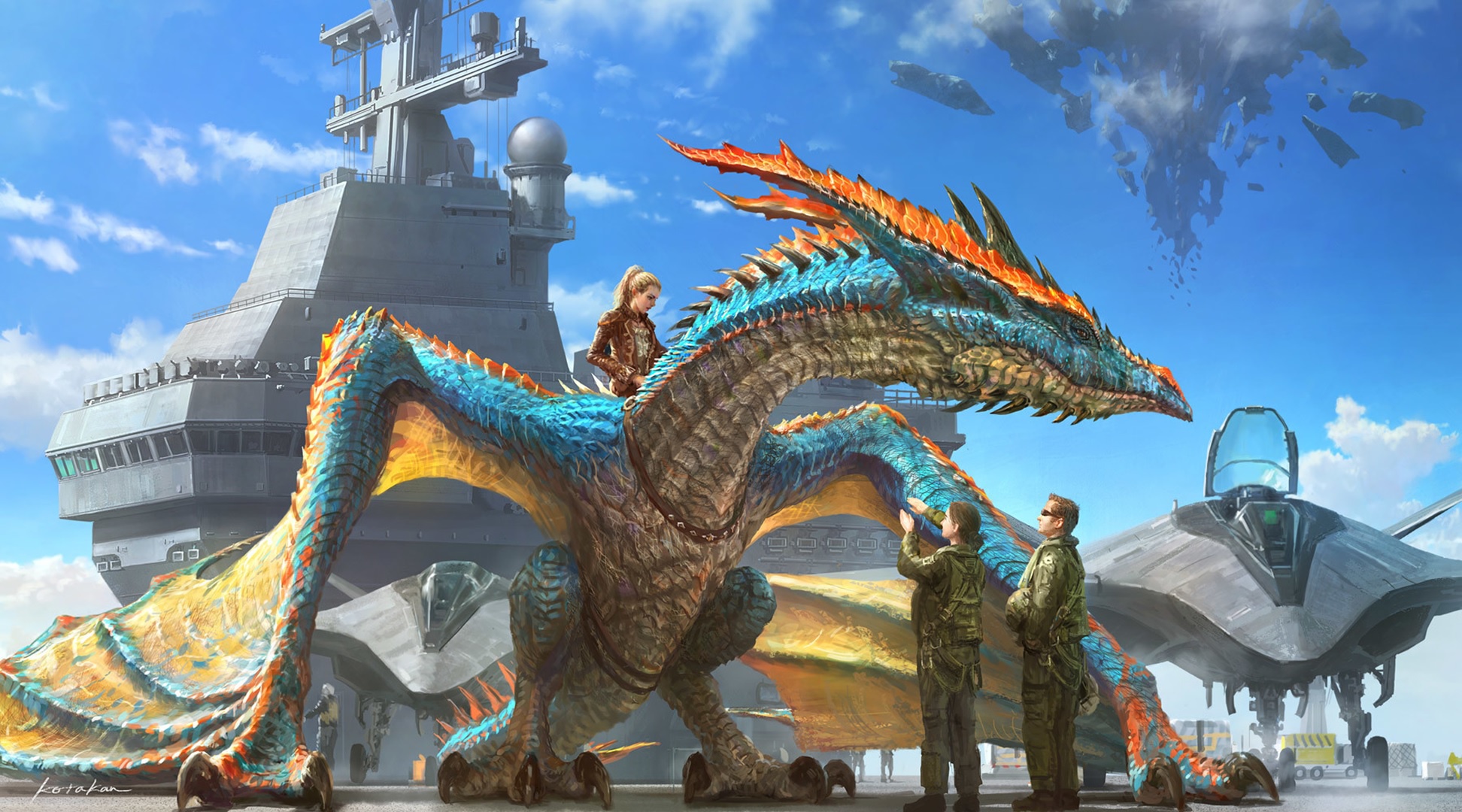 fantasy, dragon, aircraft carrier, aircraft, dragon rider, pilot