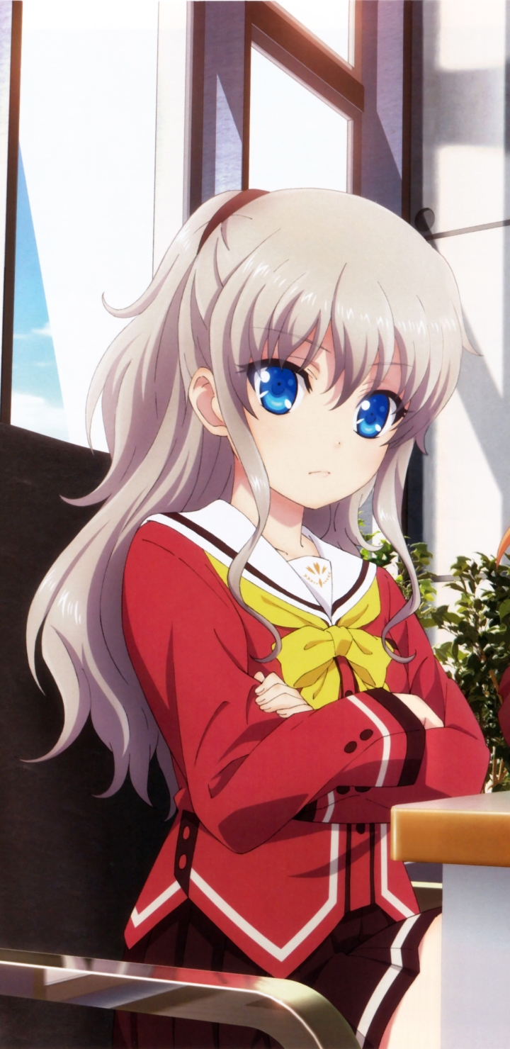Download mobile wallpaper Anime, Blue Eyes, Charlotte, School Uniform, White Hair, Nao Tomori for free.