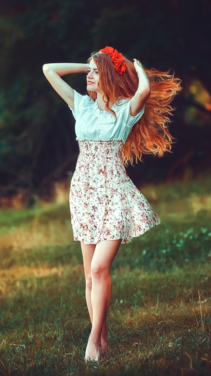 Download mobile wallpaper Redhead, Dress, Model, Women, Long Hair, Depth Of Field for free.