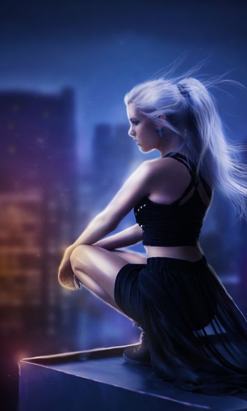 Download mobile wallpaper Fantasy, Night, Artistic, White Hair, Ponytail for free.