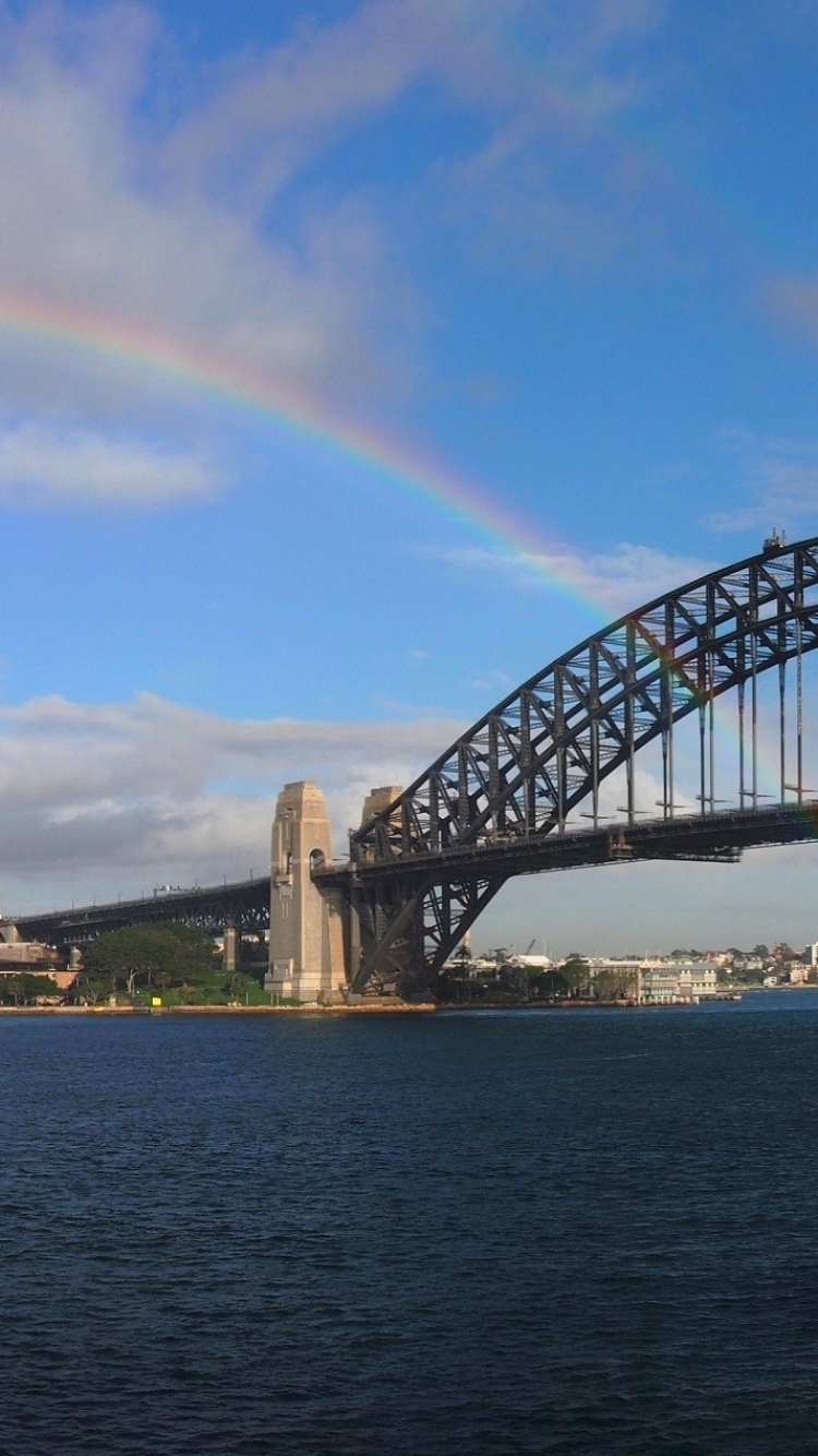 Handy-Wallpaper Städte, Regenbogen, Sydney, Stadt, Hafen, Australien, Menschengemacht, Großstadt, Sydney Hafenbrücke kostenlos herunterladen.