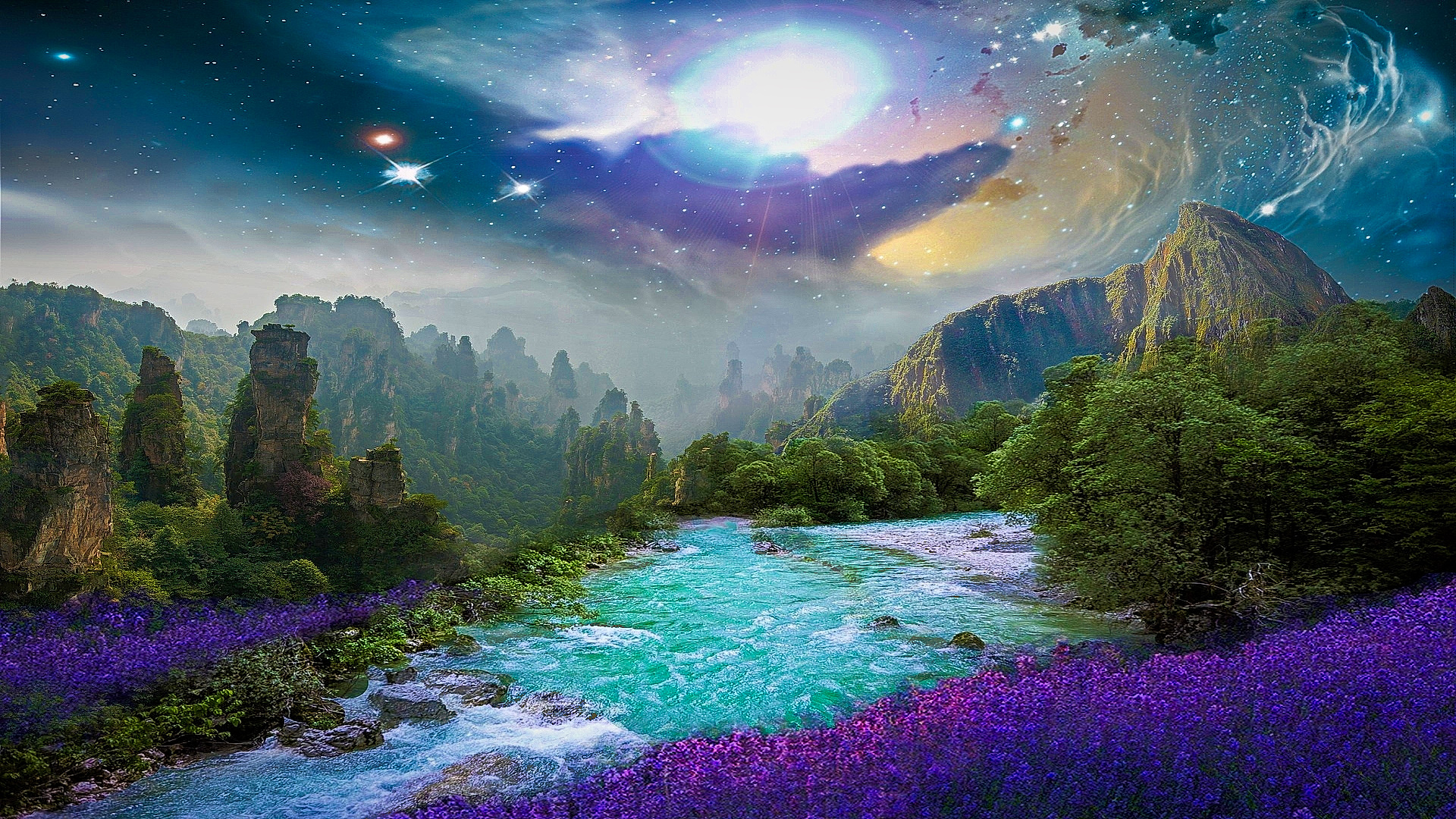 Download mobile wallpaper Mountain, Flower, Space, River, Photography, Manipulation for free.