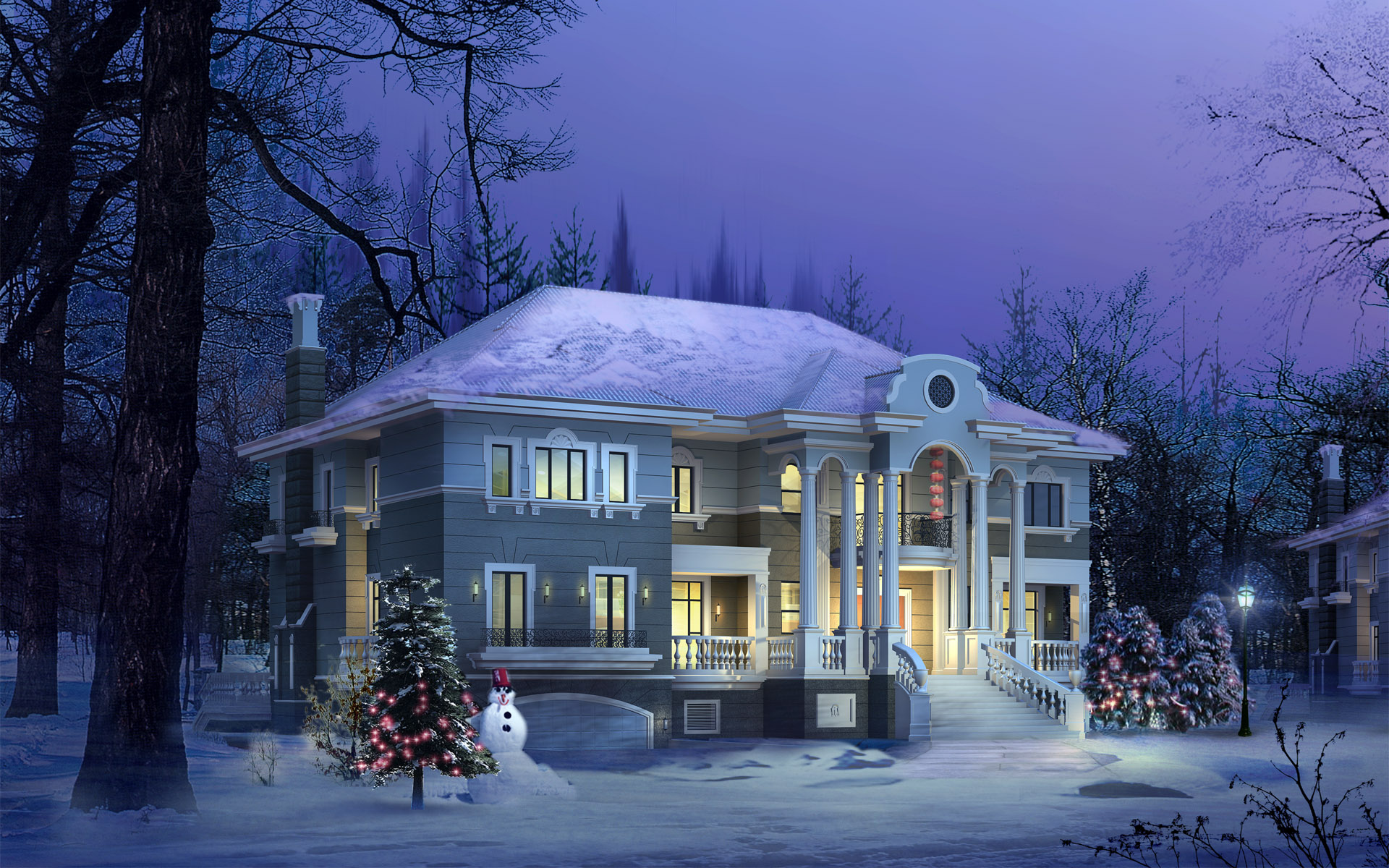 Laden Sie das Winter, Schneemann, Licht, Haus, Nacht, Künstlerisch, Weihnachtsbeleuchtung-Bild kostenlos auf Ihren PC-Desktop herunter