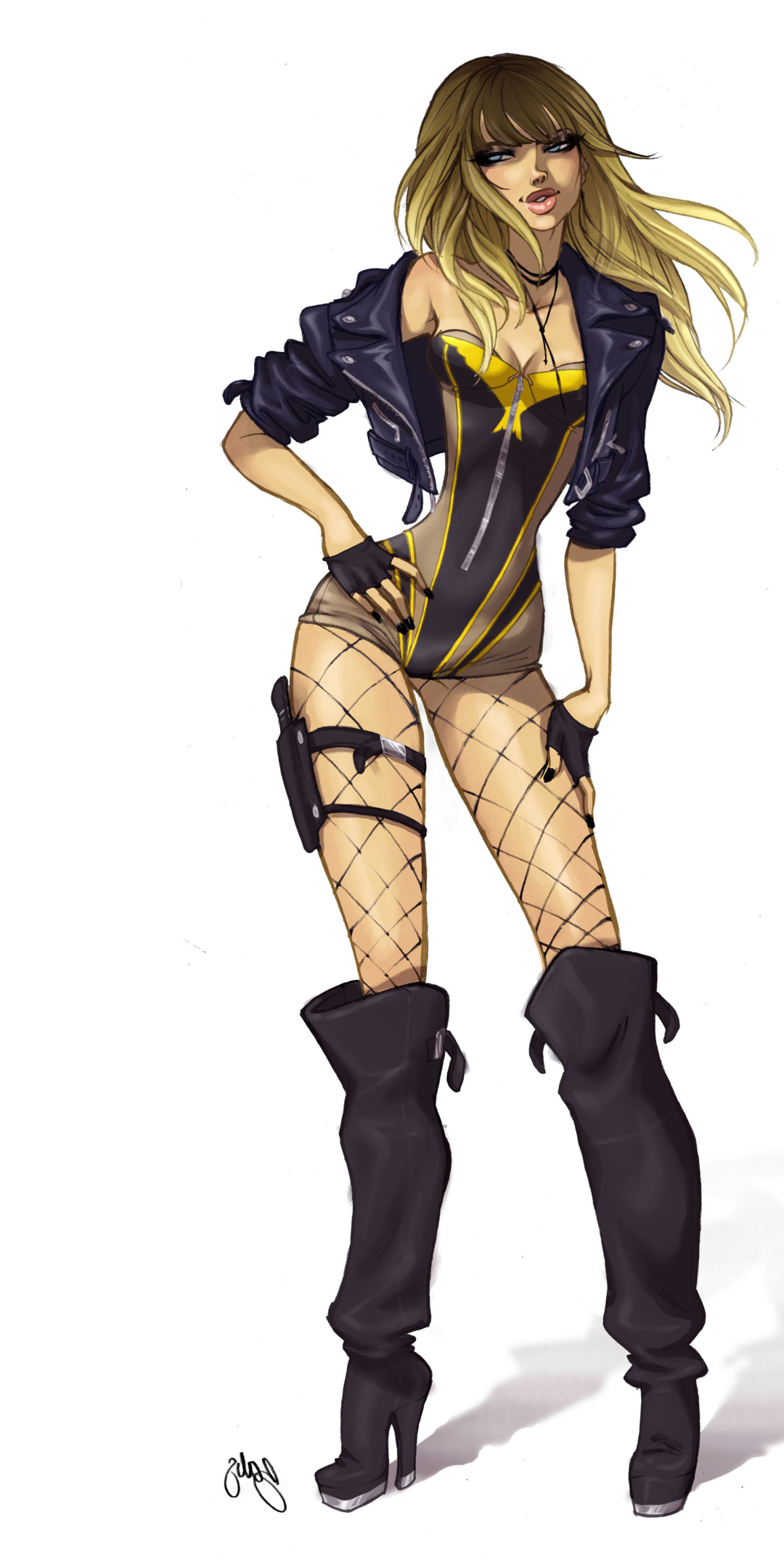 Download mobile wallpaper Boots, Blonde, Jacket, Blue Eyes, Comics, Fishnet, Dc Comics, Black Canary for free.