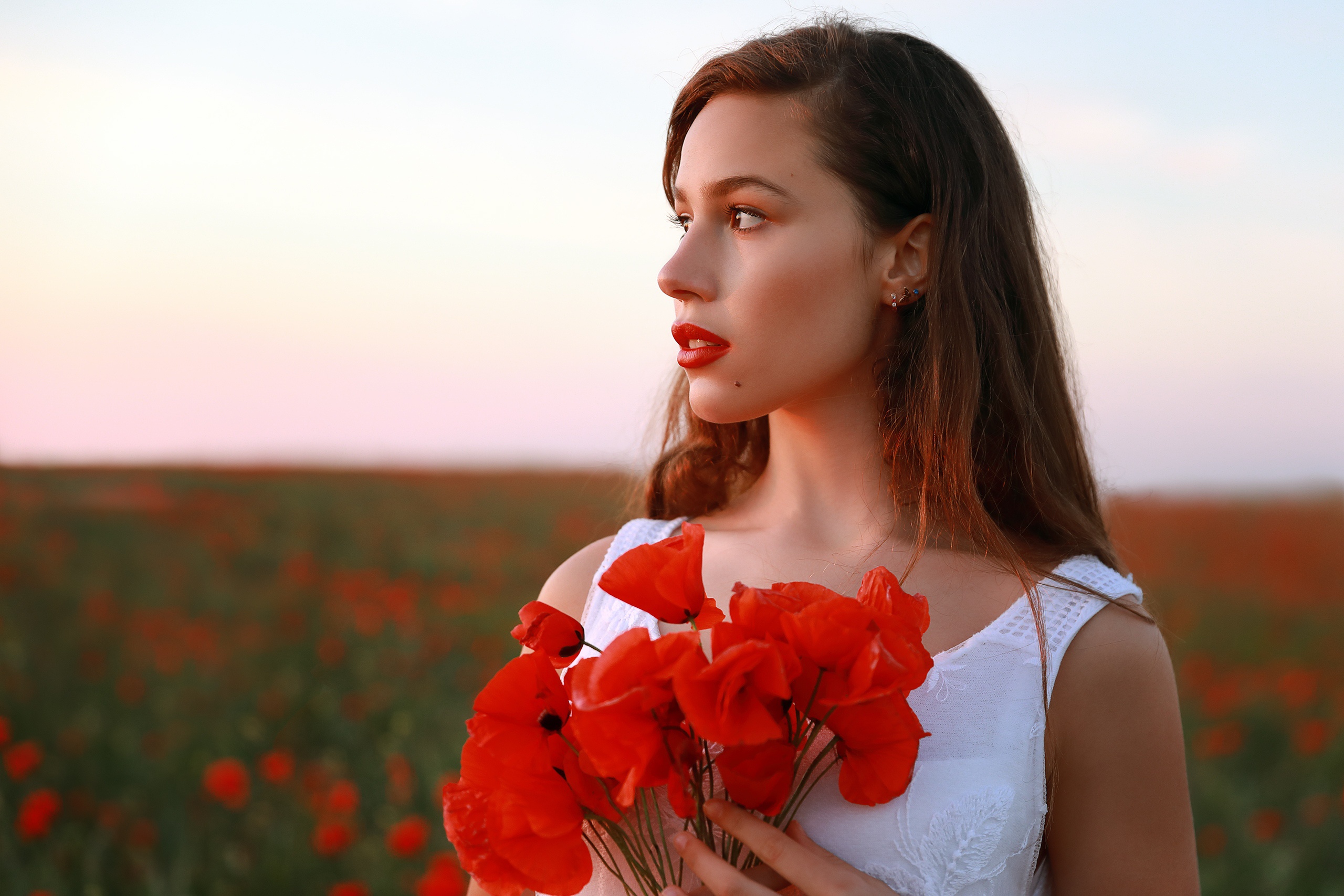 Download mobile wallpaper Flower, Redhead, Poppy, Model, Women, Red Flower, Lipstick, Depth Of Field for free.