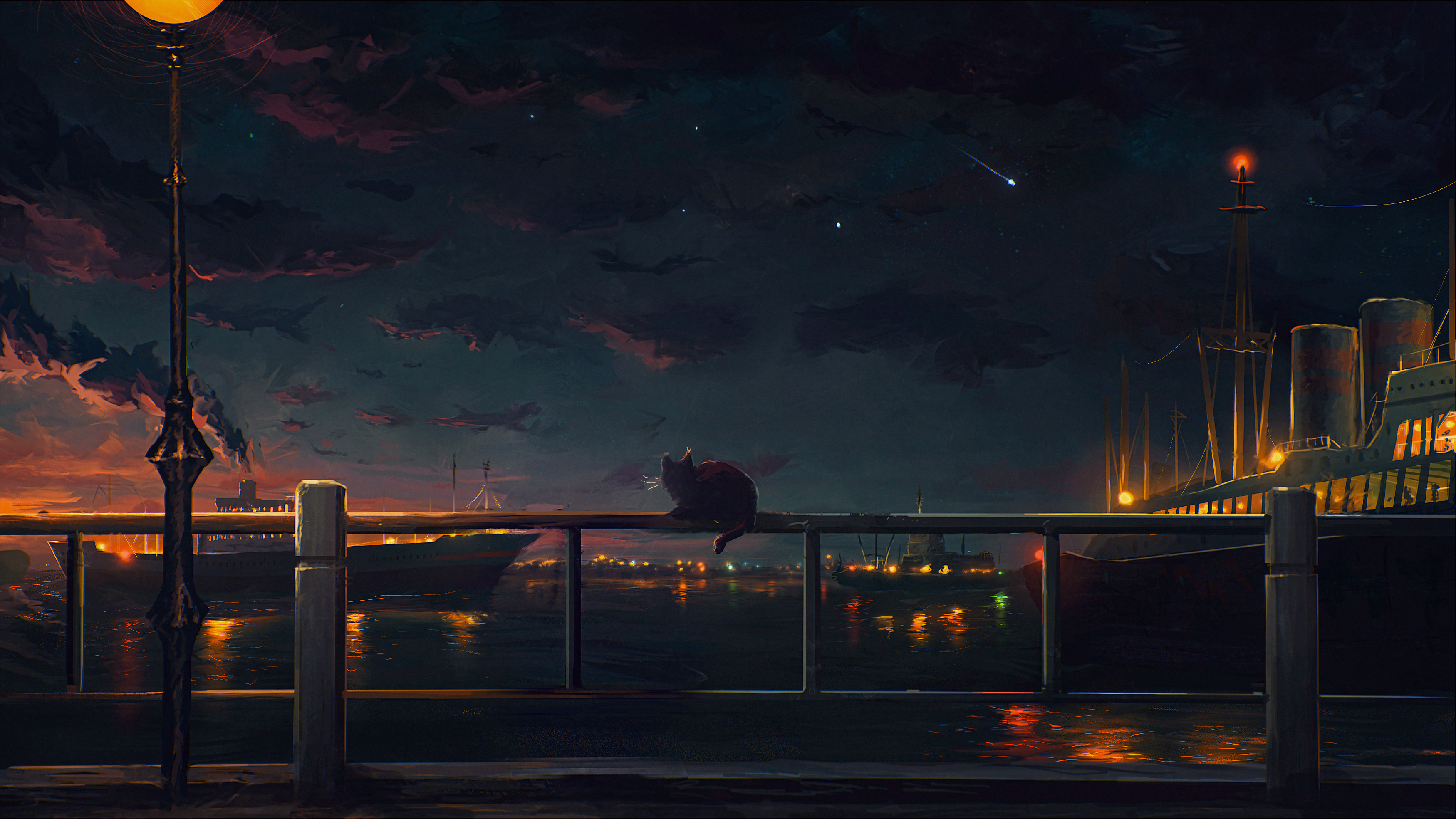 Free download wallpaper Anime, Night, Cat, Ship on your PC desktop