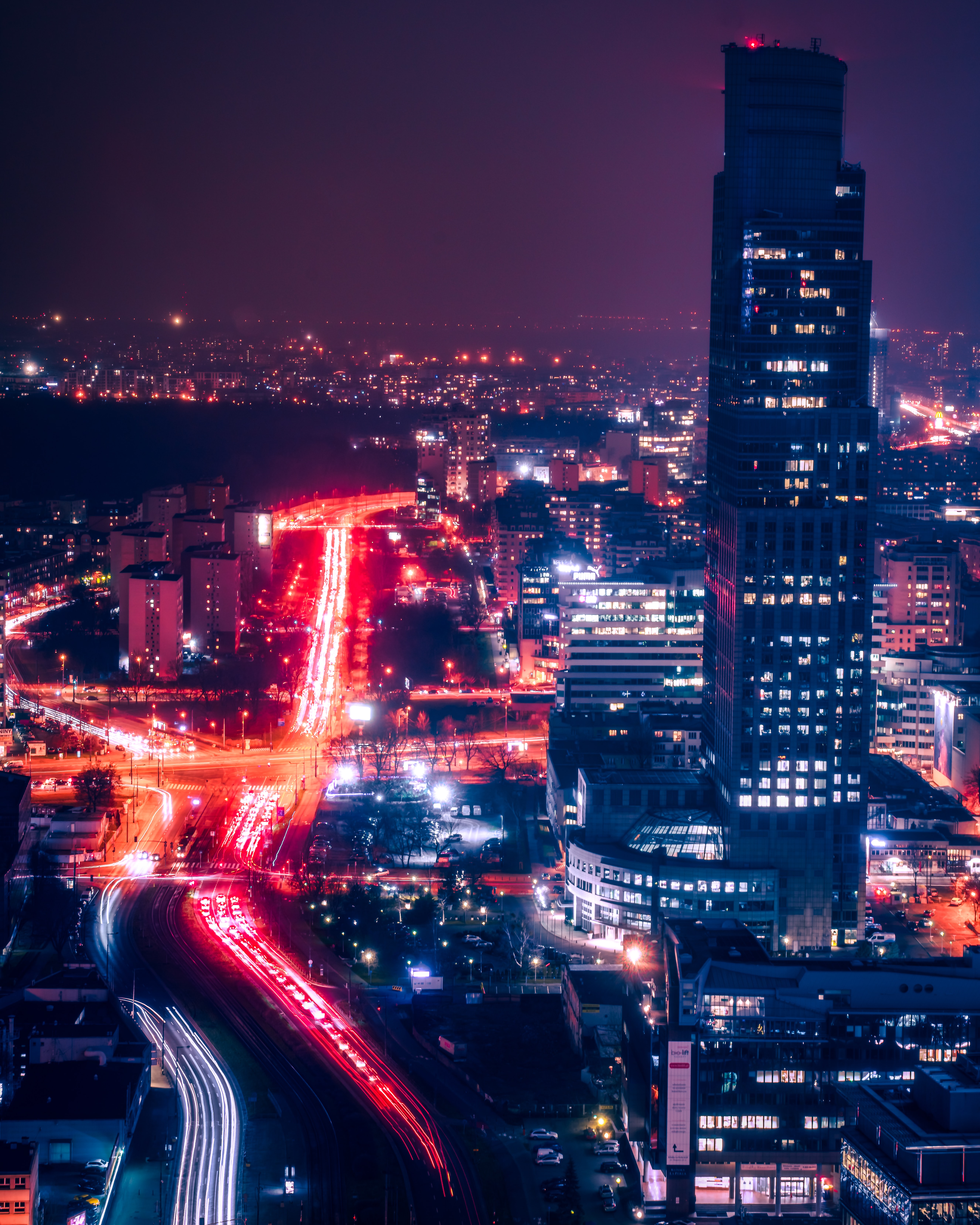 Free download wallpaper Building, Lights, View From Above, Night City, Cities, Dark, Roads on your PC desktop