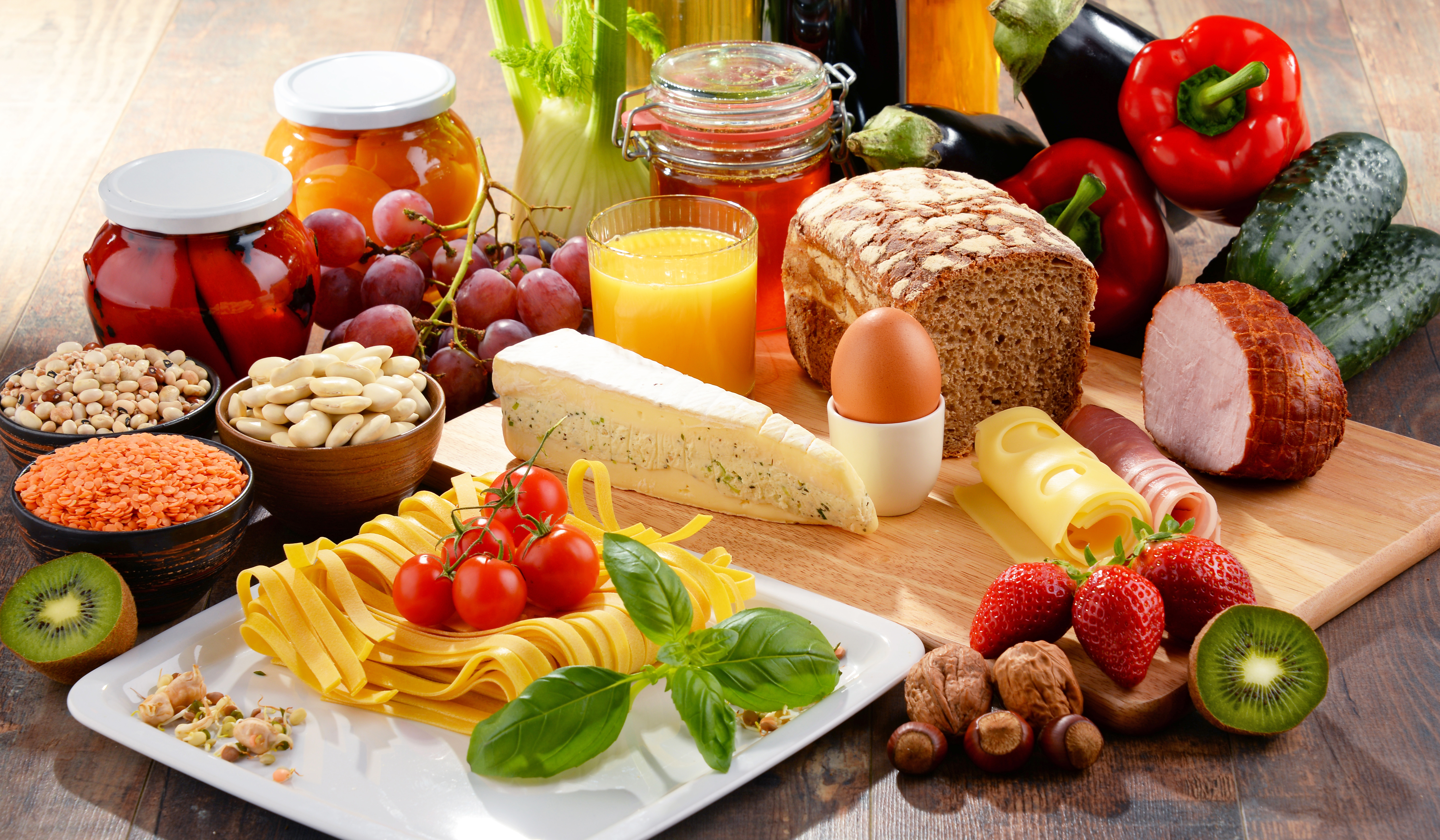 Download mobile wallpaper Food, Cheese, Meat, Still Life, Fruit, Bread, Nut, Pasta, Vegetable for free.