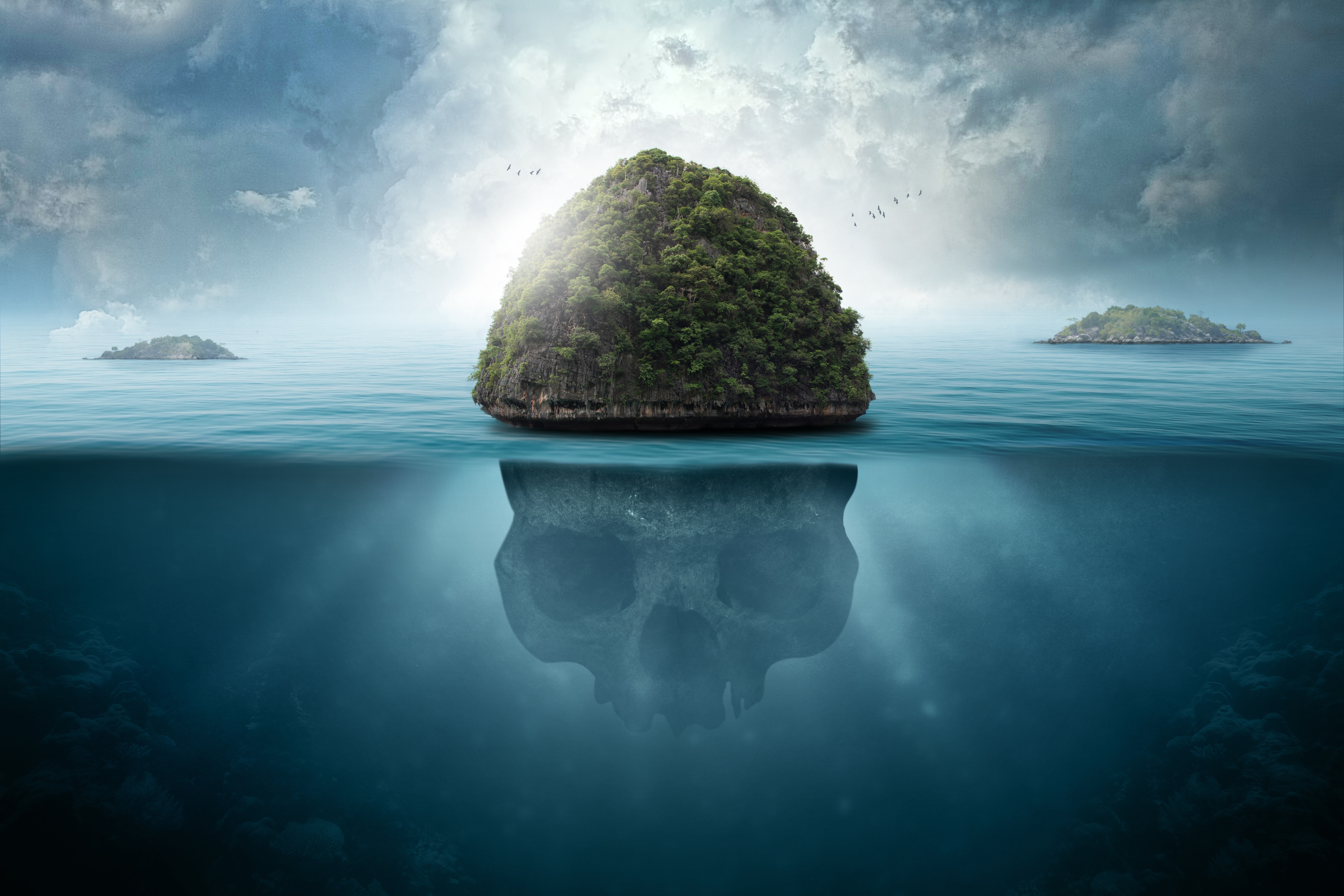 underwater, island, skull, submarine, nature, mysteries, secrets HD wallpaper
