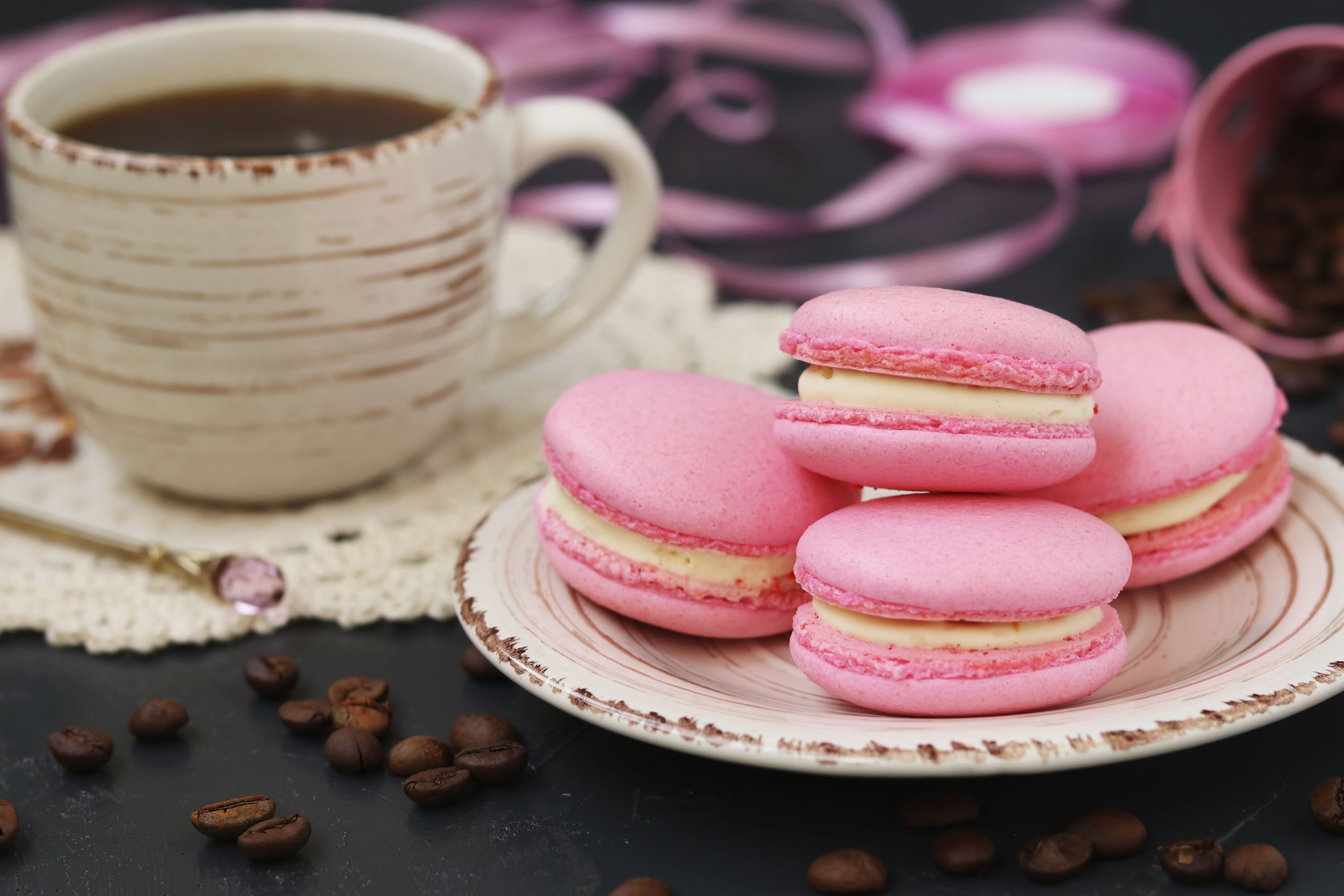 Download mobile wallpaper Food, Coffee, Drink, Coffee Beans, Sweets, Macaron for free.