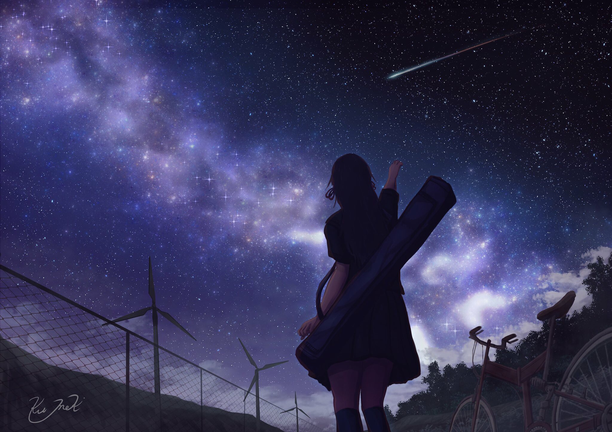 Download mobile wallpaper Anime, Sky, Stars, Forest, Nebula, Fence, Bike, Original, Wind Turbine for free.