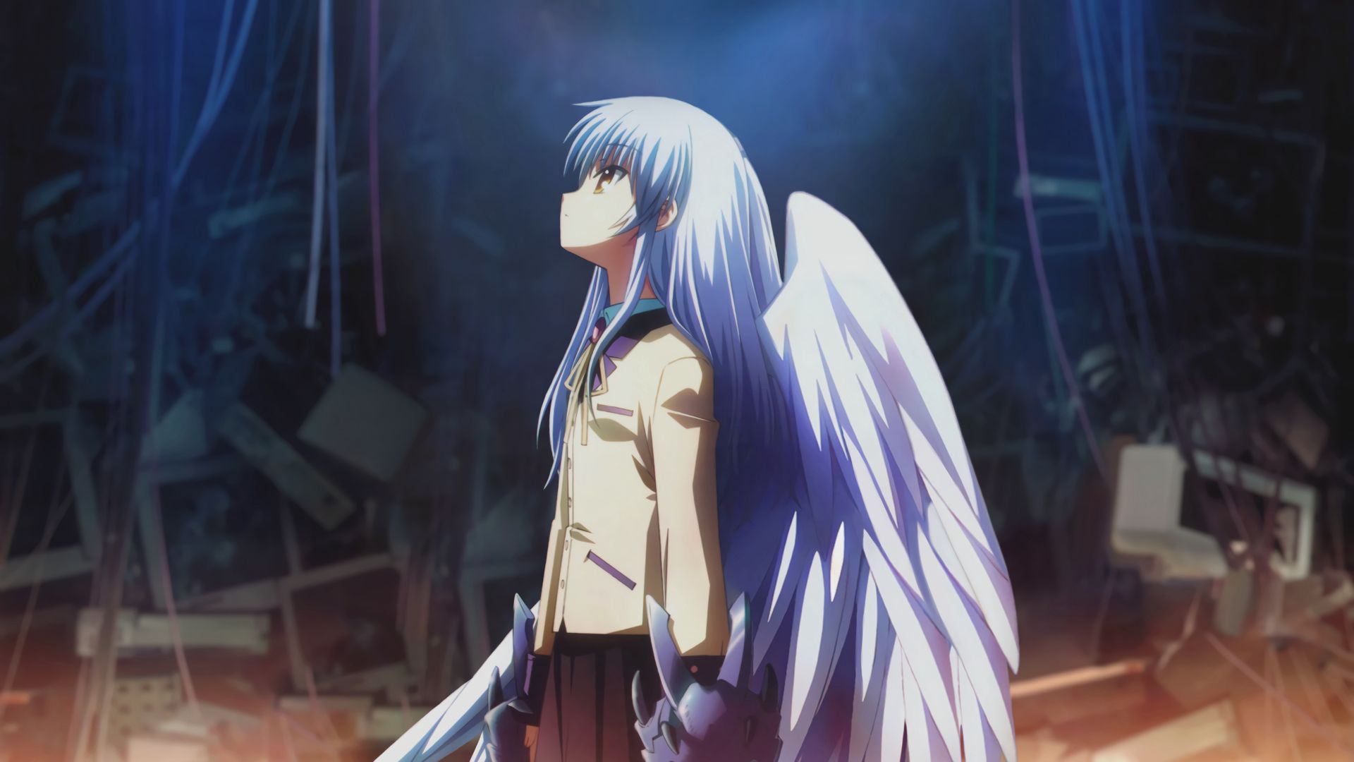 anime, angel beats!, angel, kanade tachibana, white hair, wings