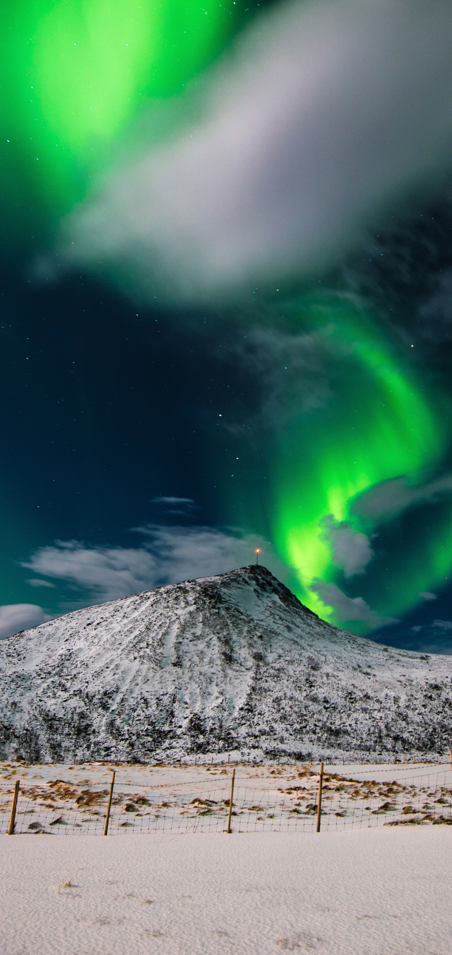Download mobile wallpaper Nature, Sky, Night, Snow, Mountain, Earth, Aurora Borealis, Norway, Lofoten Islands for free.