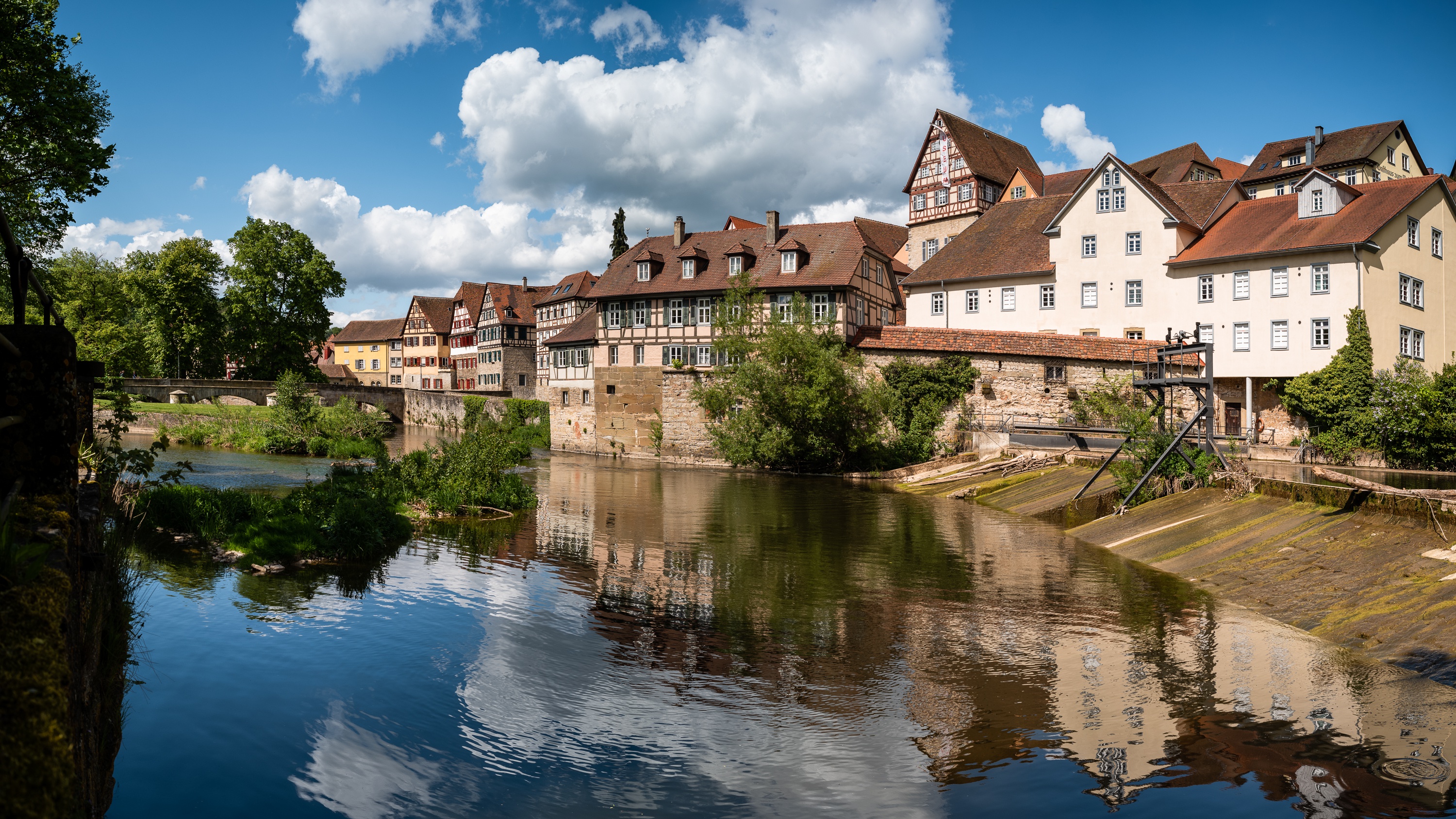 man made, town, baden württemberg, cloud, germany, house, reflection, river, towns