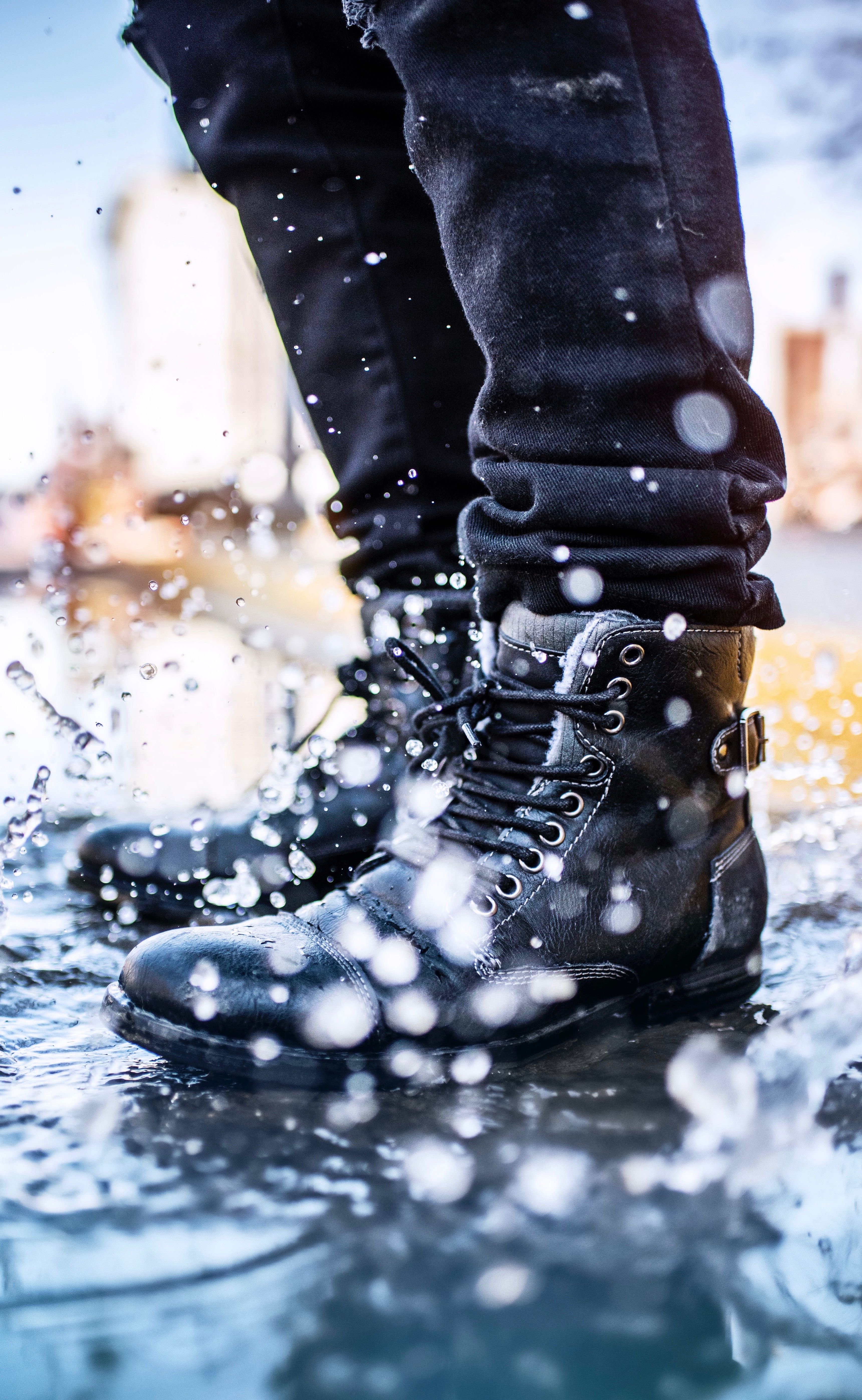 Download mobile wallpaper Miscellaneous, Boots, Puddle, Spray, Miscellanea, Legs, Water, Shoes for free.