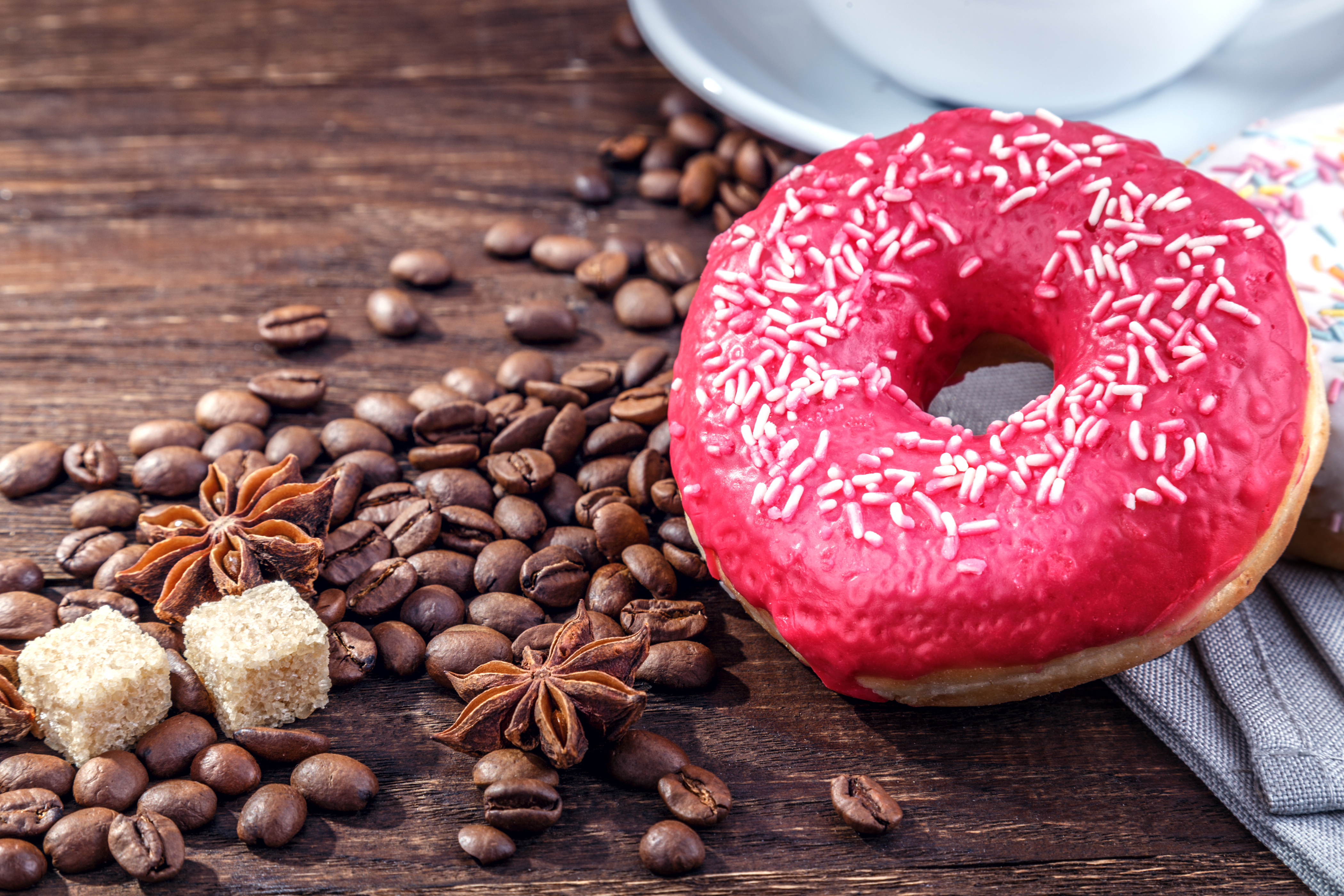 Download mobile wallpaper Food, Still Life, Coffee Beans, Sweets, Doughnut, Star Anise for free.