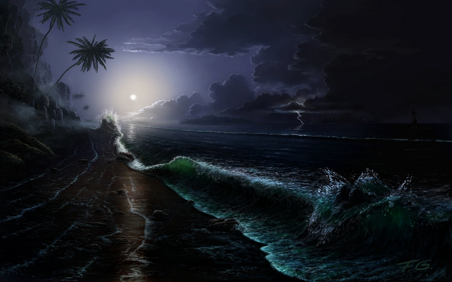 Baixe gratuitamente a imagem Noite, Praia, Lua, Oceano, Onda, Artistico na área de trabalho do seu PC