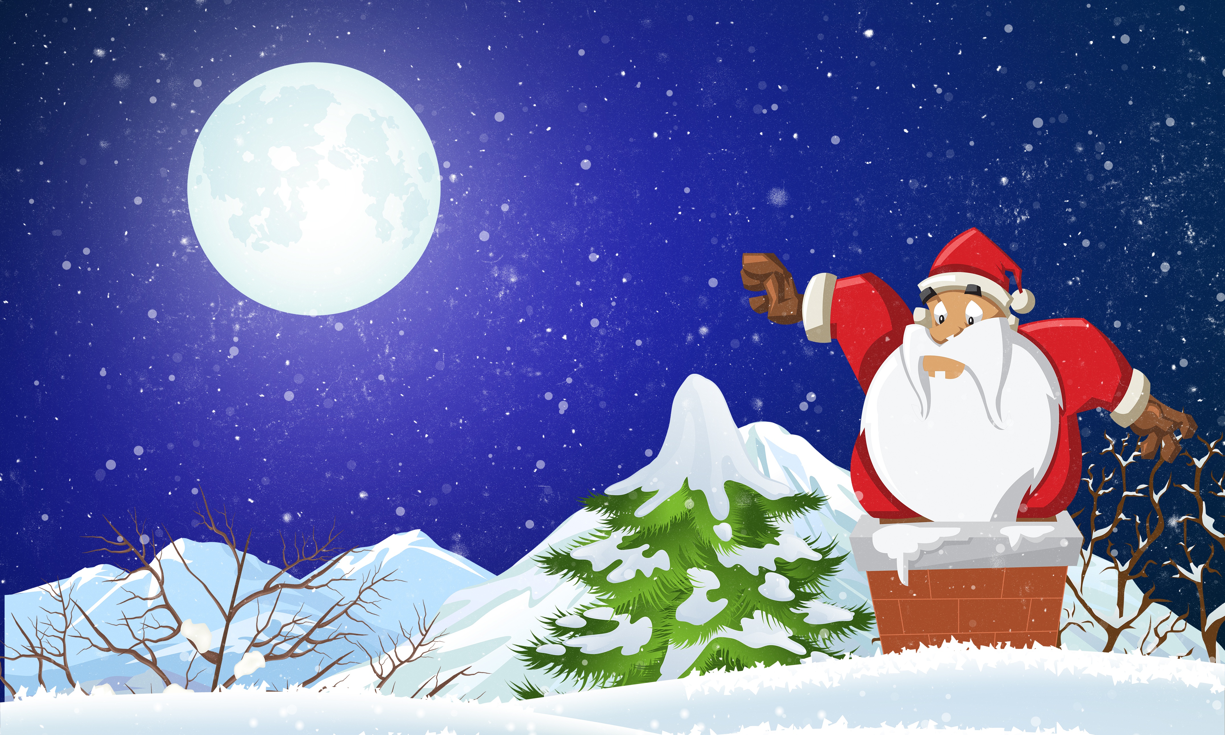 Handy-Wallpaper Feiertage, Weihnachtsmann, Mond, Schnee, Weihnachten, Bart, Nacht, Weihnachtsmütze kostenlos herunterladen.