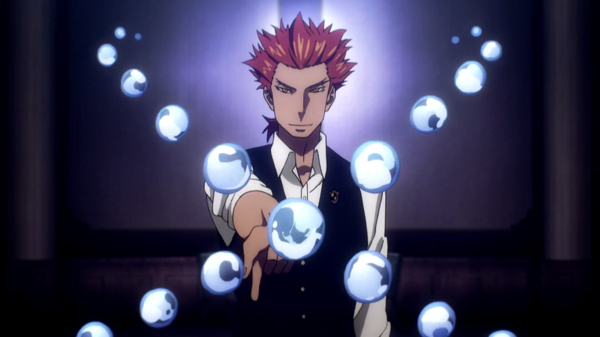 anime, death parade, ginti (death parade), red hair, smile, water, yellow eyes