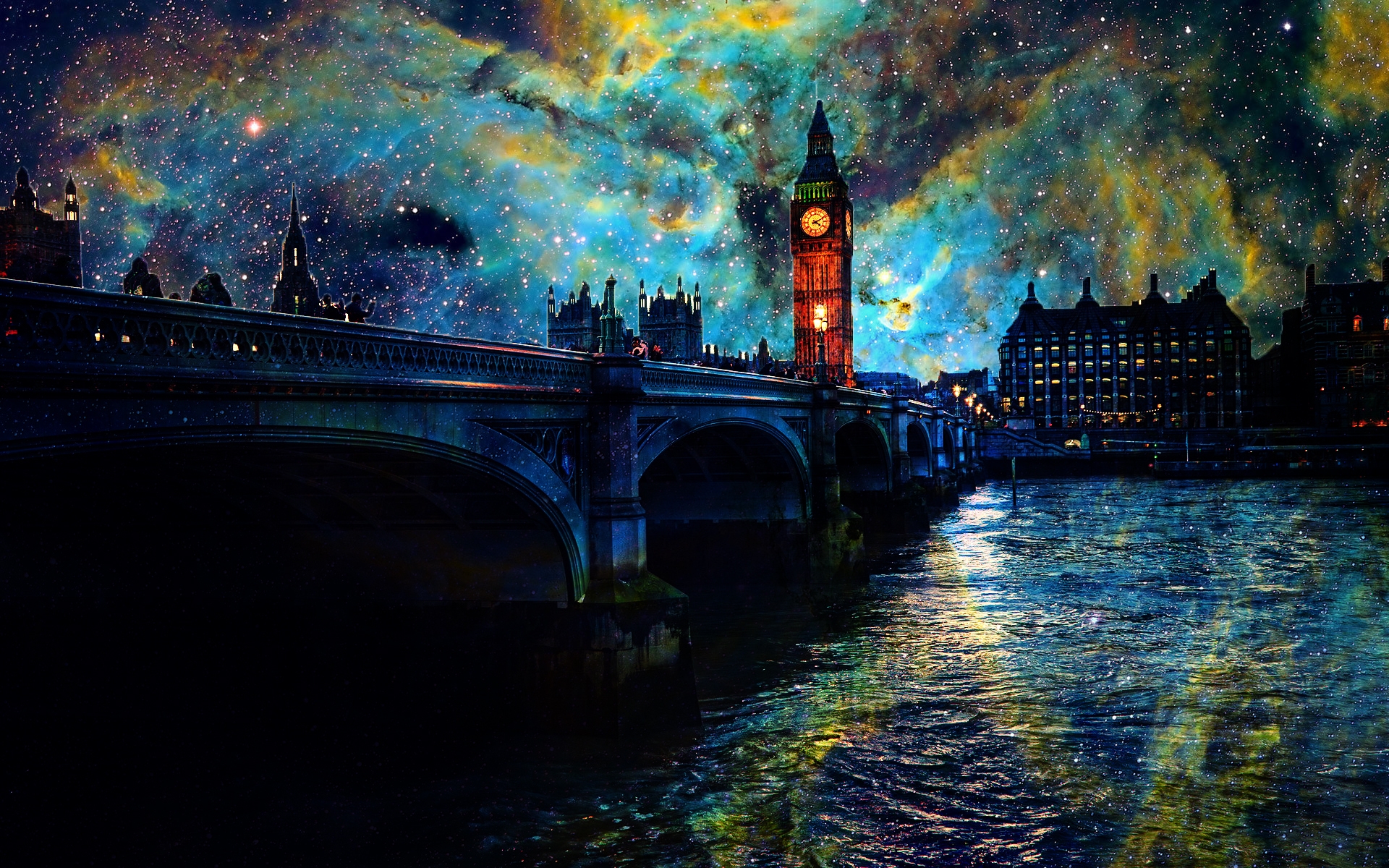 Free download wallpaper Cities, Sky, Stars, Night, London, Starry Sky, Bridge, Man Made on your PC desktop