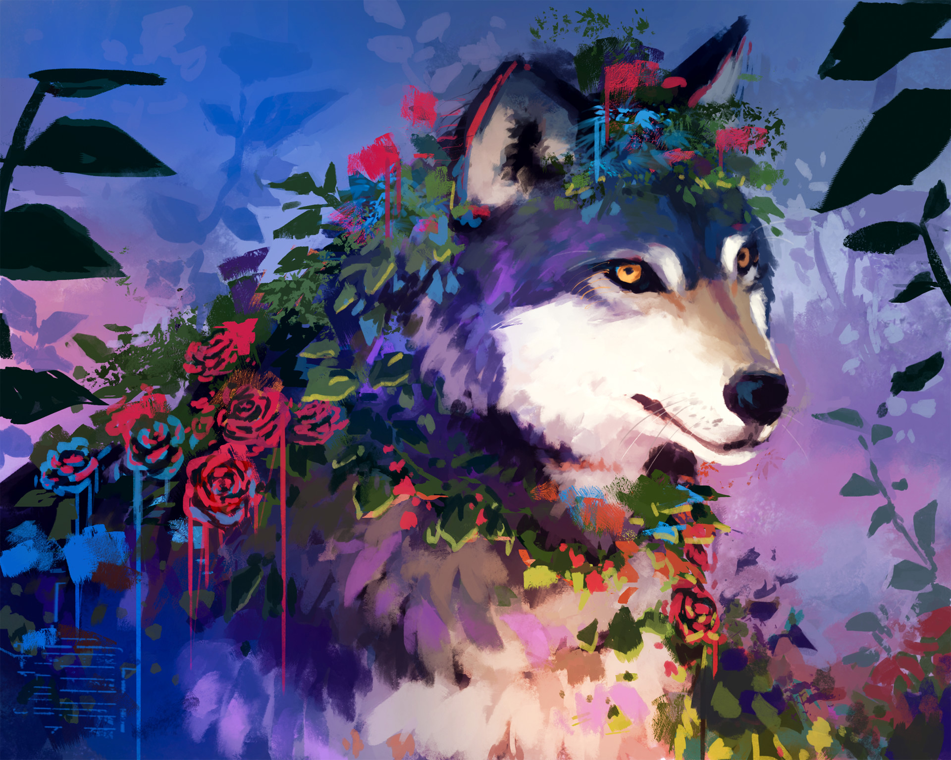 Free download wallpaper Dogs, Rose, Dog, Animal, Painting on your PC desktop