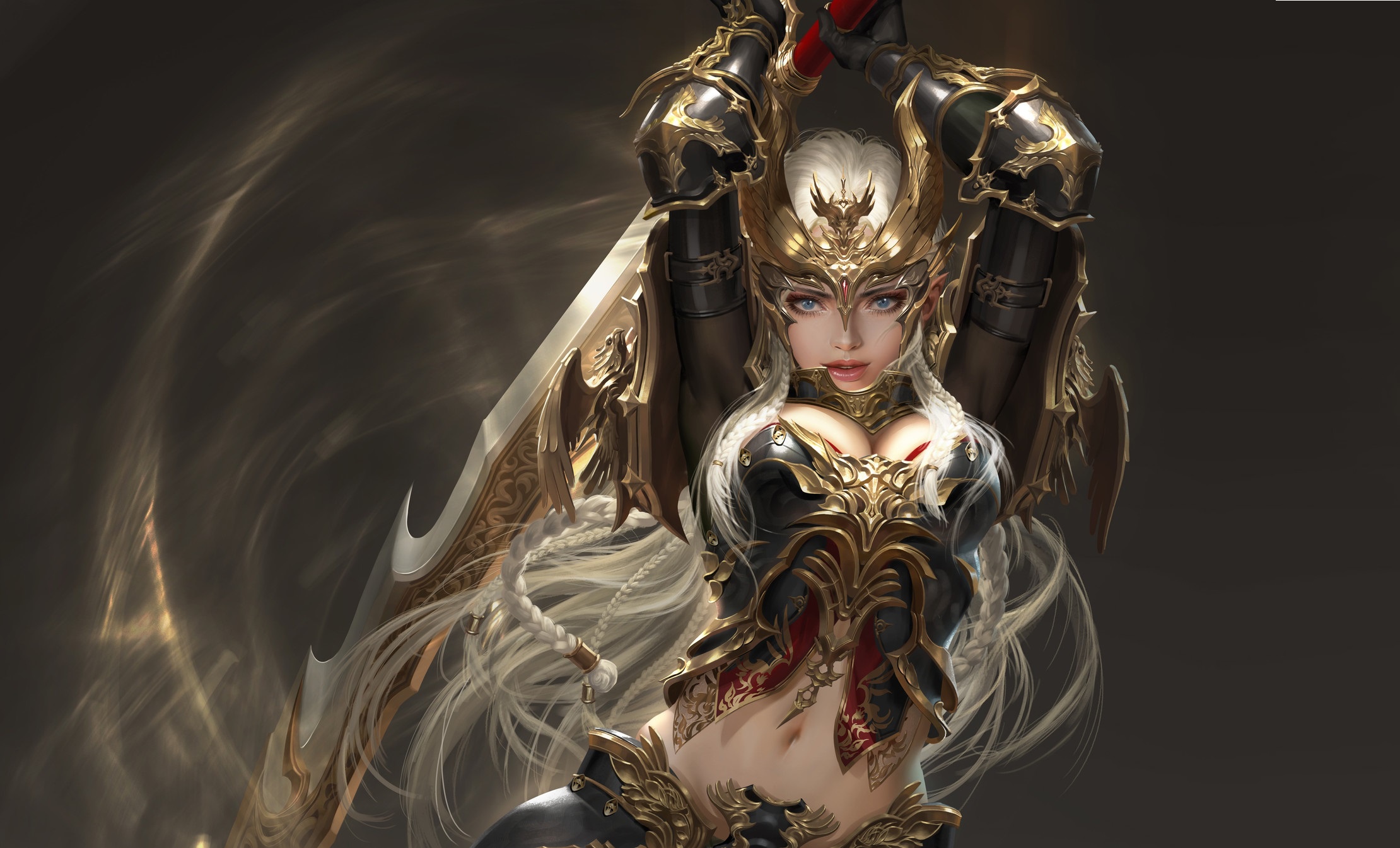league of angels, video game, blue eyes, long hair, sword, white hair, woman warrior