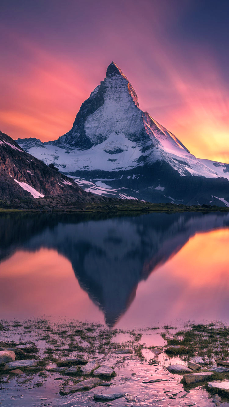 Download mobile wallpaper Nature, Sunset, Mountains, Mountain, Lake, Reflection, Alps, Earth, Matterhorn for free.