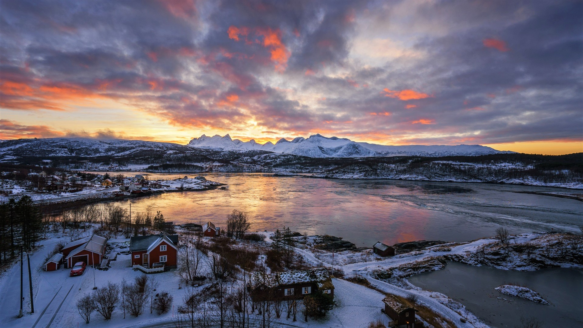 895536 завантажити шпалери фотографія, лофотен, озеро, гора, норвегія, сніг, захід сонця, село, зима - заставки і картинки безкоштовно