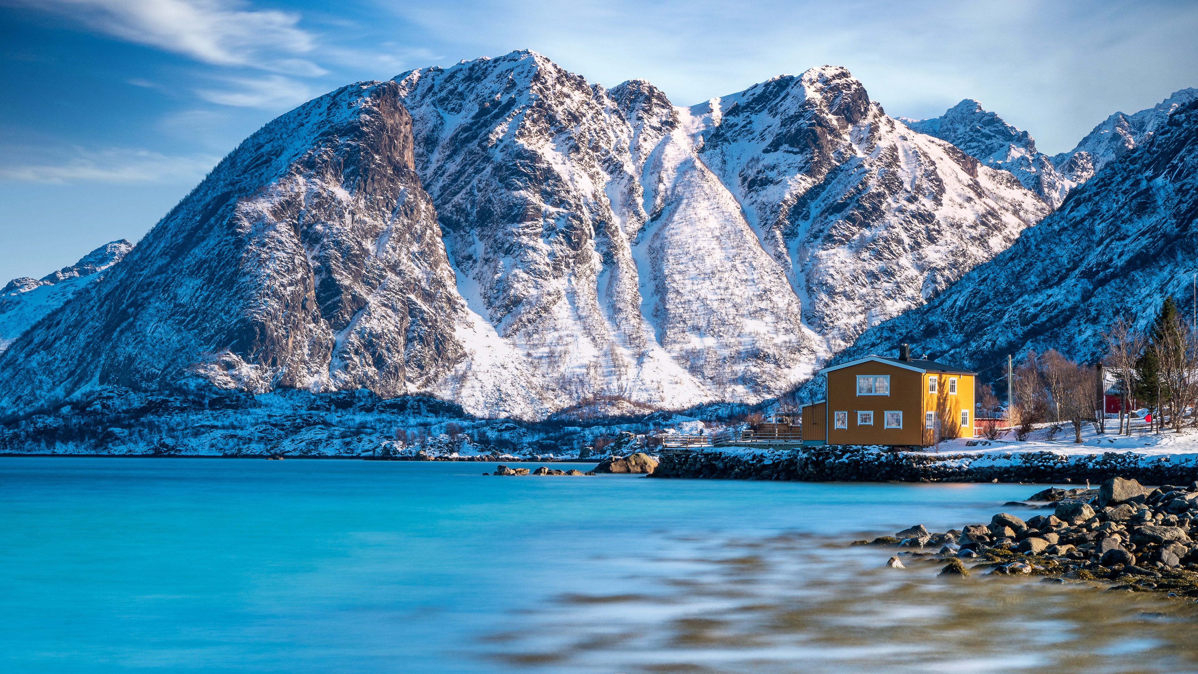Download mobile wallpaper Winter, Snow, Mountain, House, Norway, Photography, Lofoten for free.