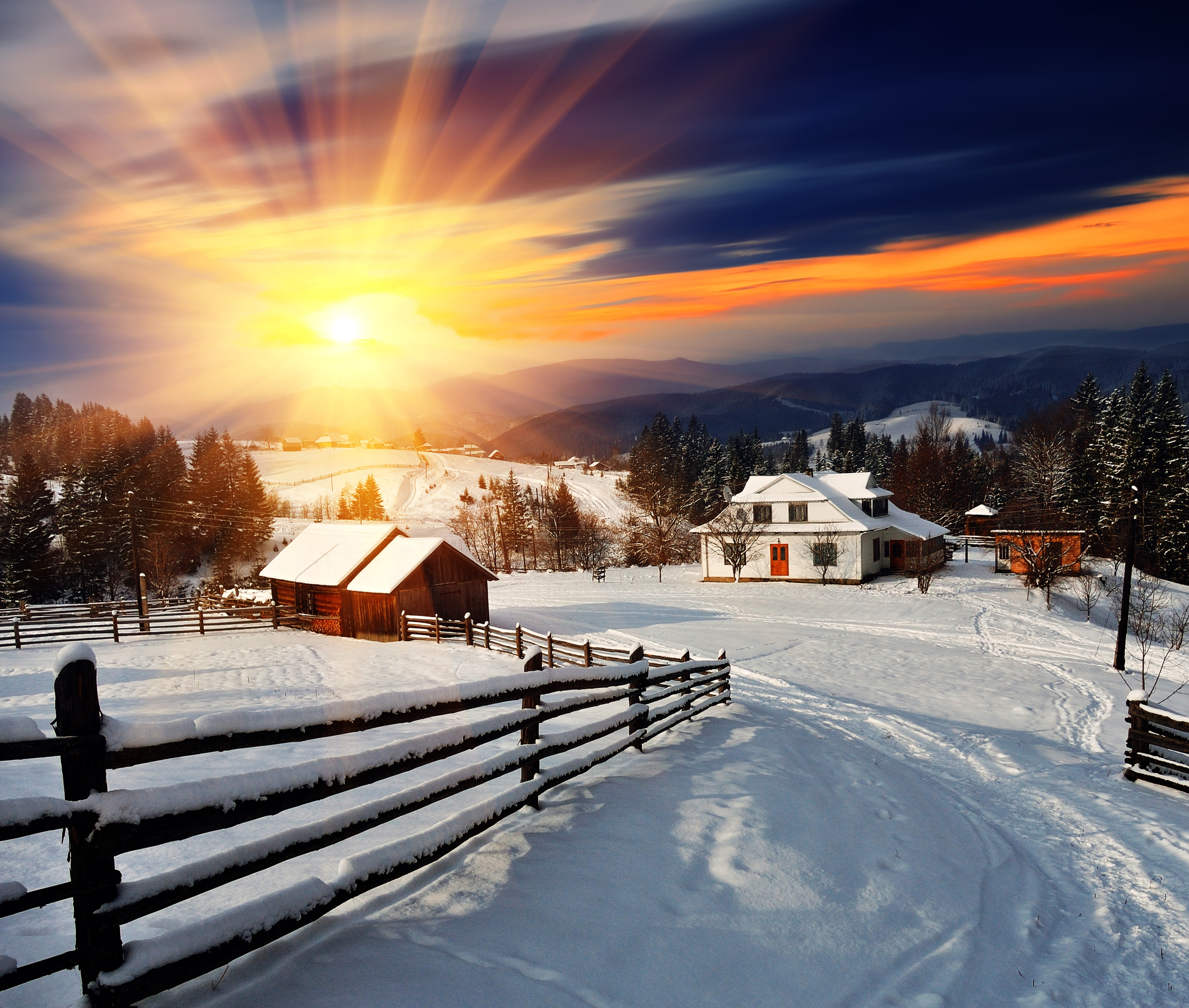 Laden Sie das Winter, Schnee, Sonnenaufgang, Haus, Erde, Zaun, Fotografie, Sonne-Bild kostenlos auf Ihren PC-Desktop herunter