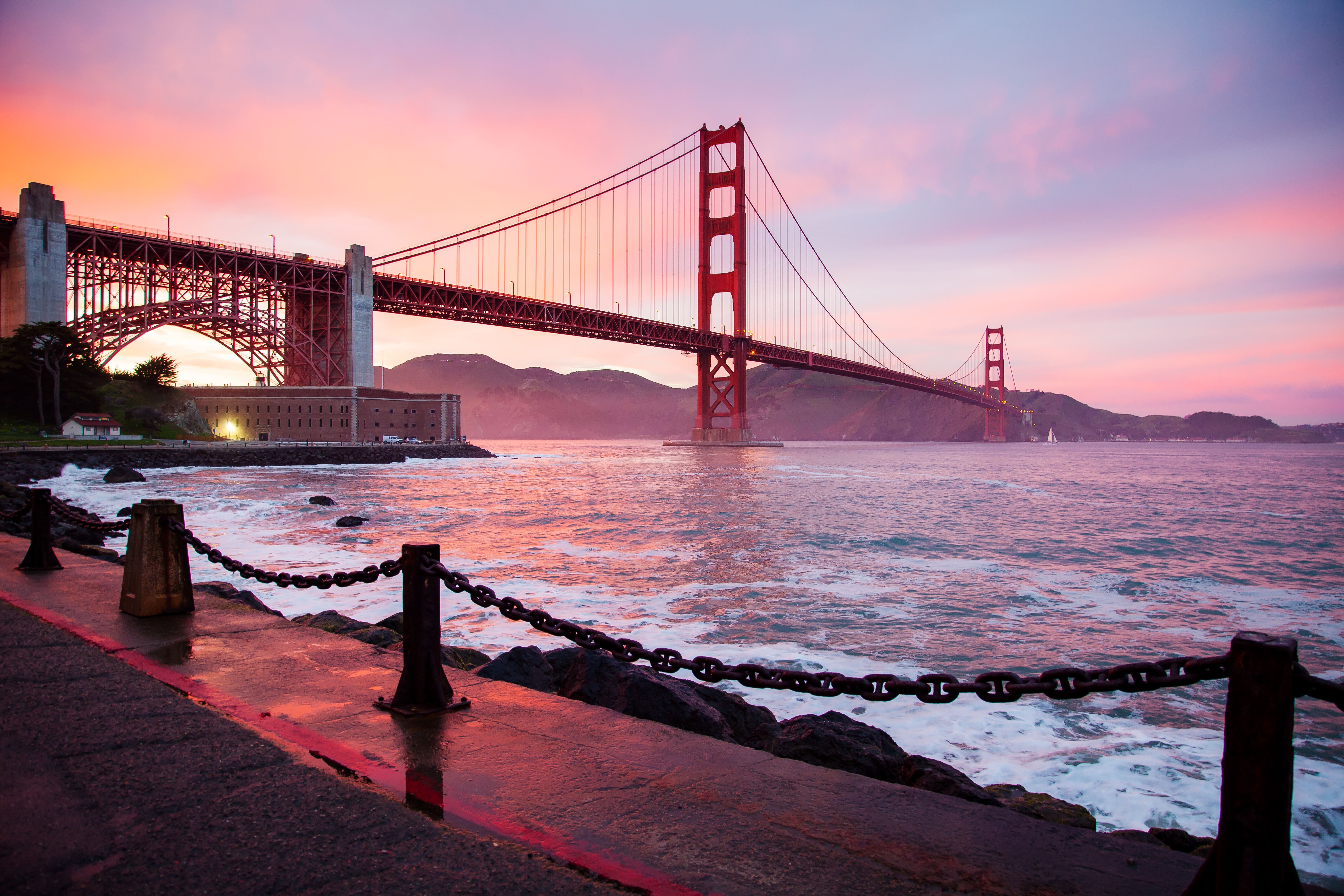 Free download wallpaper Bridges, Sunset, Usa, Bridge, Golden Gate, Man Made on your PC desktop
