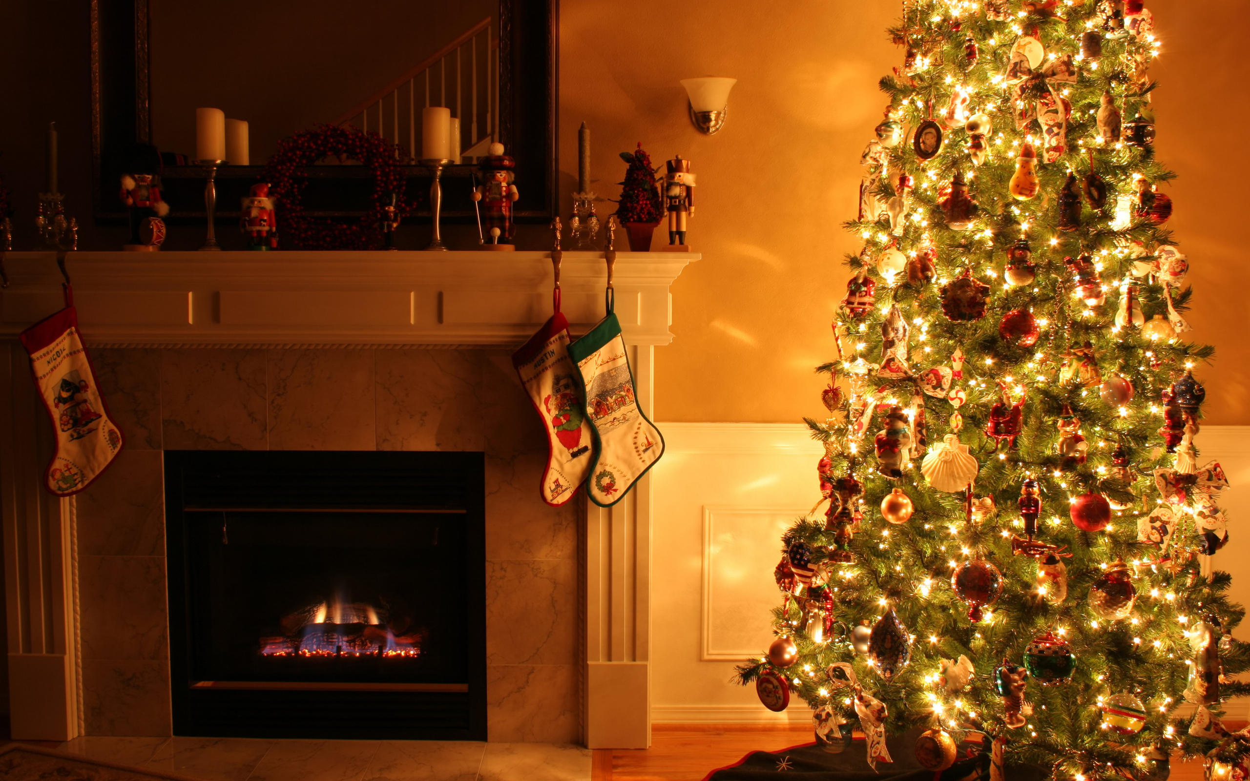 Download mobile wallpaper Christmas, Holiday, Christmas Tree, Fireplace, Christmas Ornaments, Christmas Lights for free.