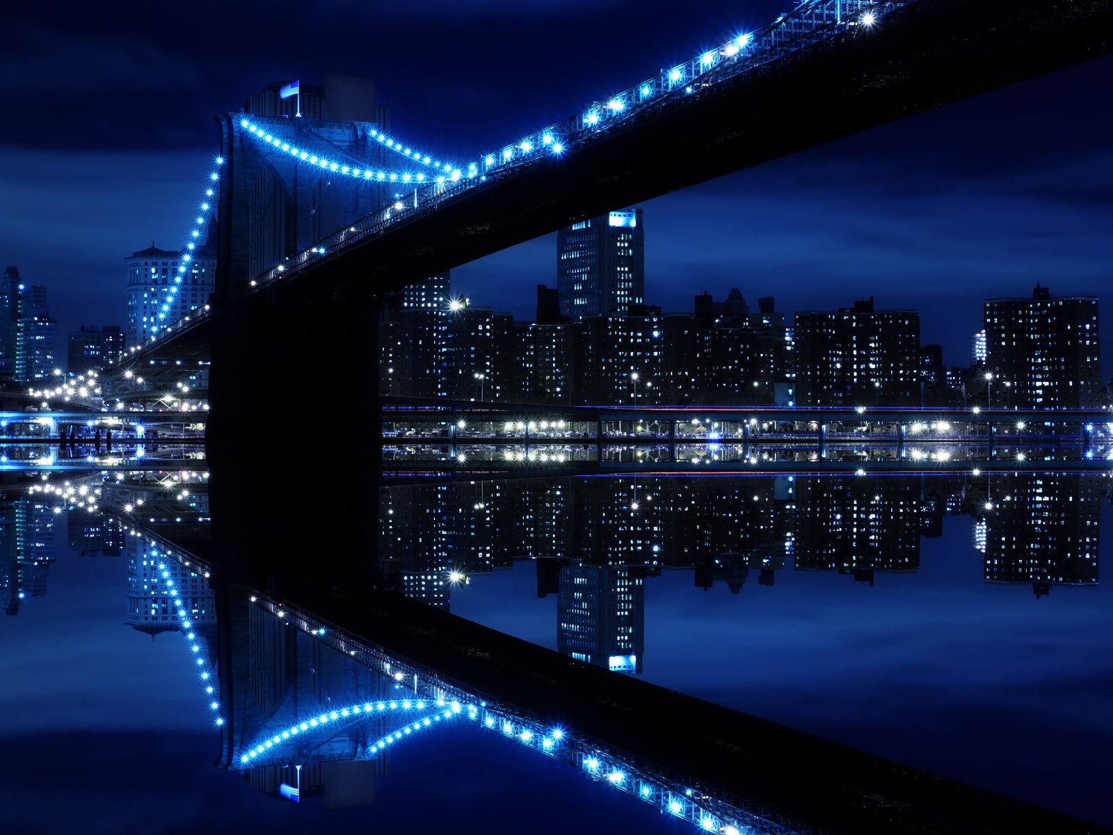 Скачати мобільні шпалери Мости, Місто, Світло, Синій, Міст, Міський Пейзаж, Нью Йорк, Бруклінський Міст, Створено Людиною, Рефлексія безкоштовно.