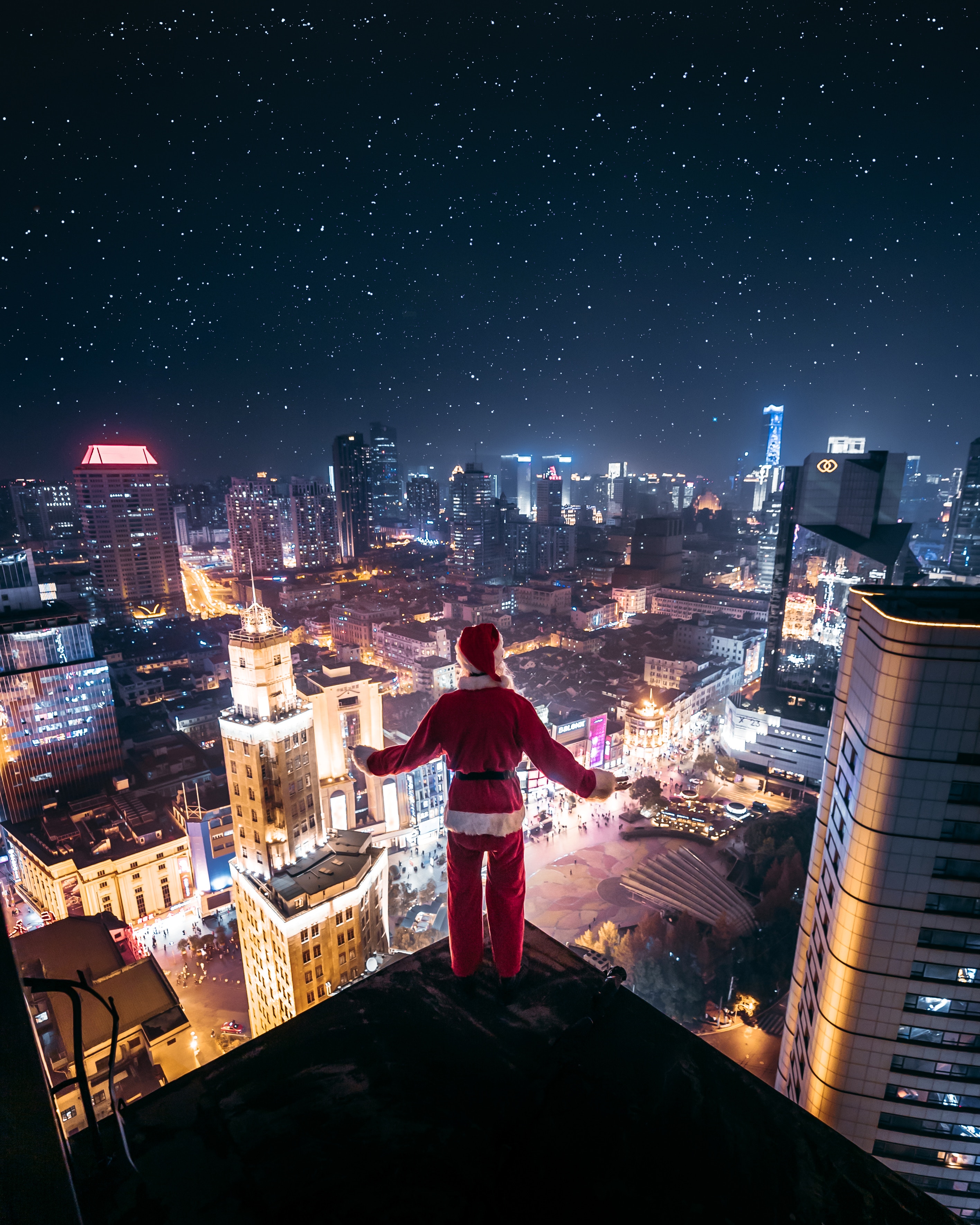 night city, santa claus, loneliness, holidays, view from above, roof