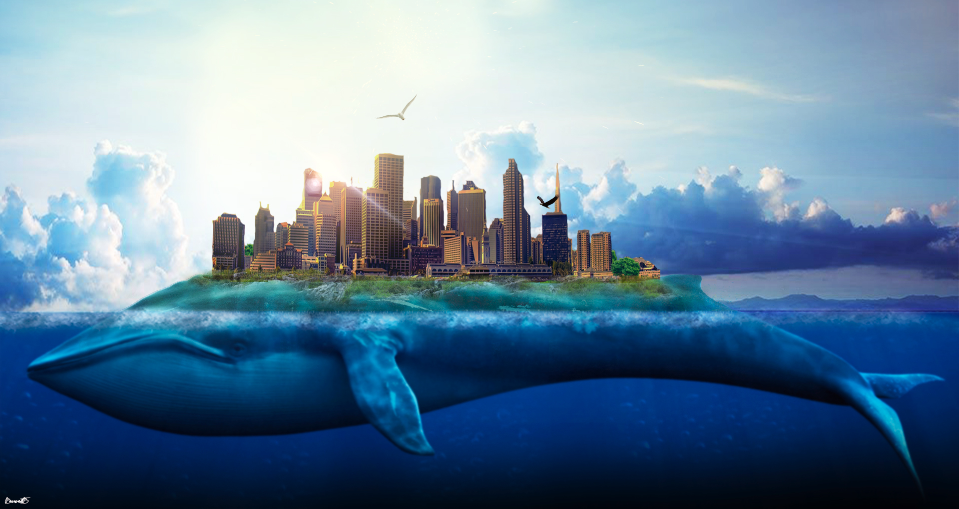 Free download wallpaper Nature, Fantasy, City, Whale, Giant, Fantasy Animals on your PC desktop