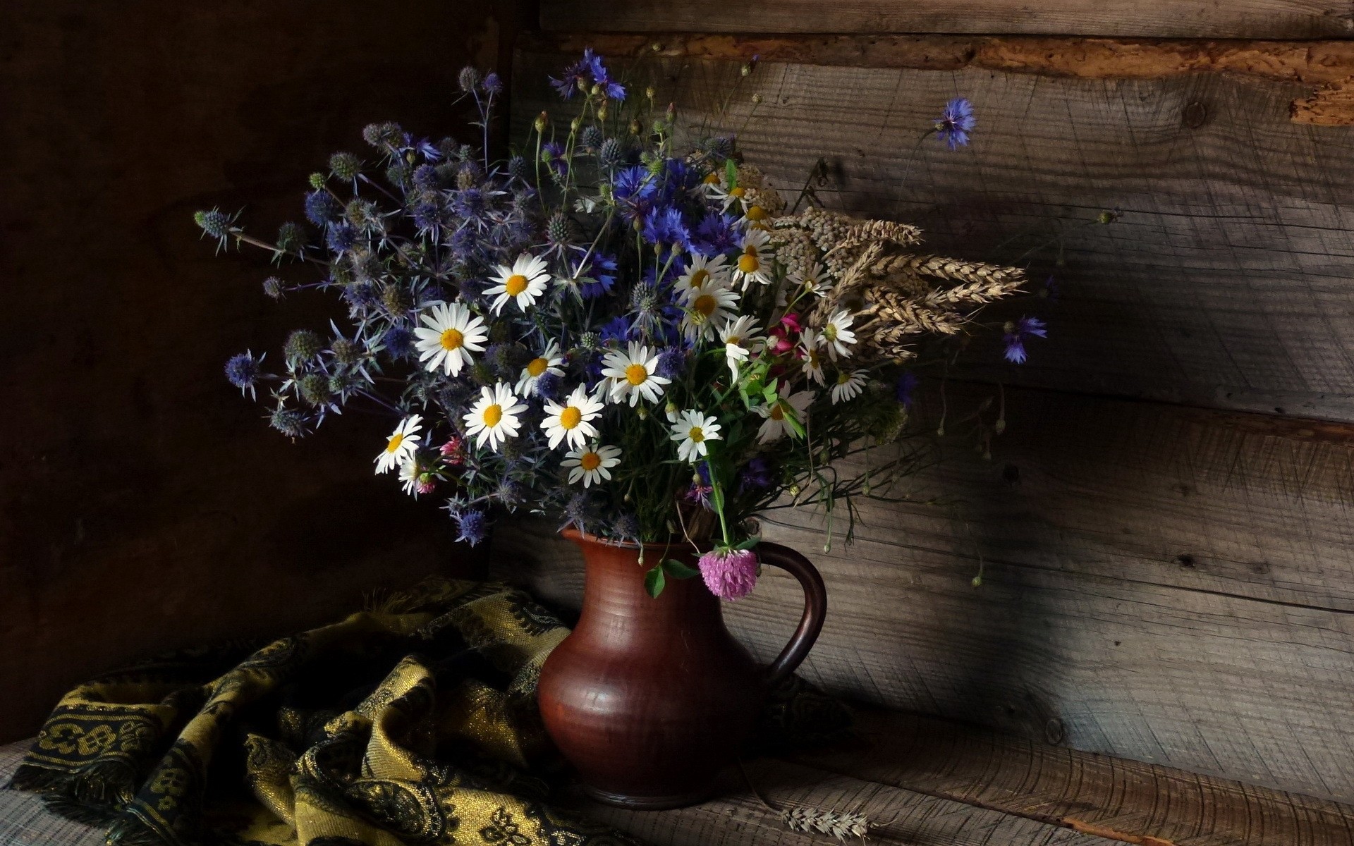 Download mobile wallpaper Still Life, Flower, Daisy, Photography, Scarf, White Flower, Pitcher, Blue Flower for free.