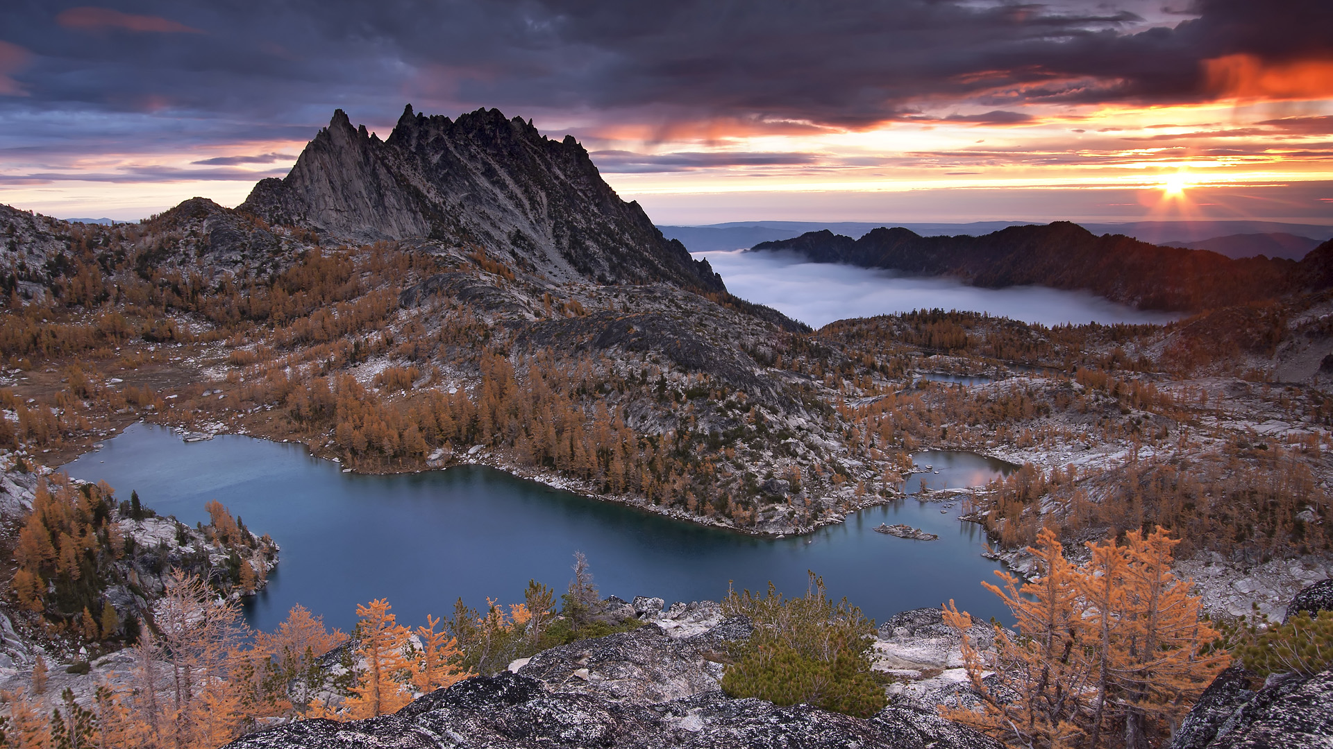 Free download wallpaper Landscape, Nature, Sunset, Mountain, Lake, Tree, Earth, Prusik Peak on your PC desktop