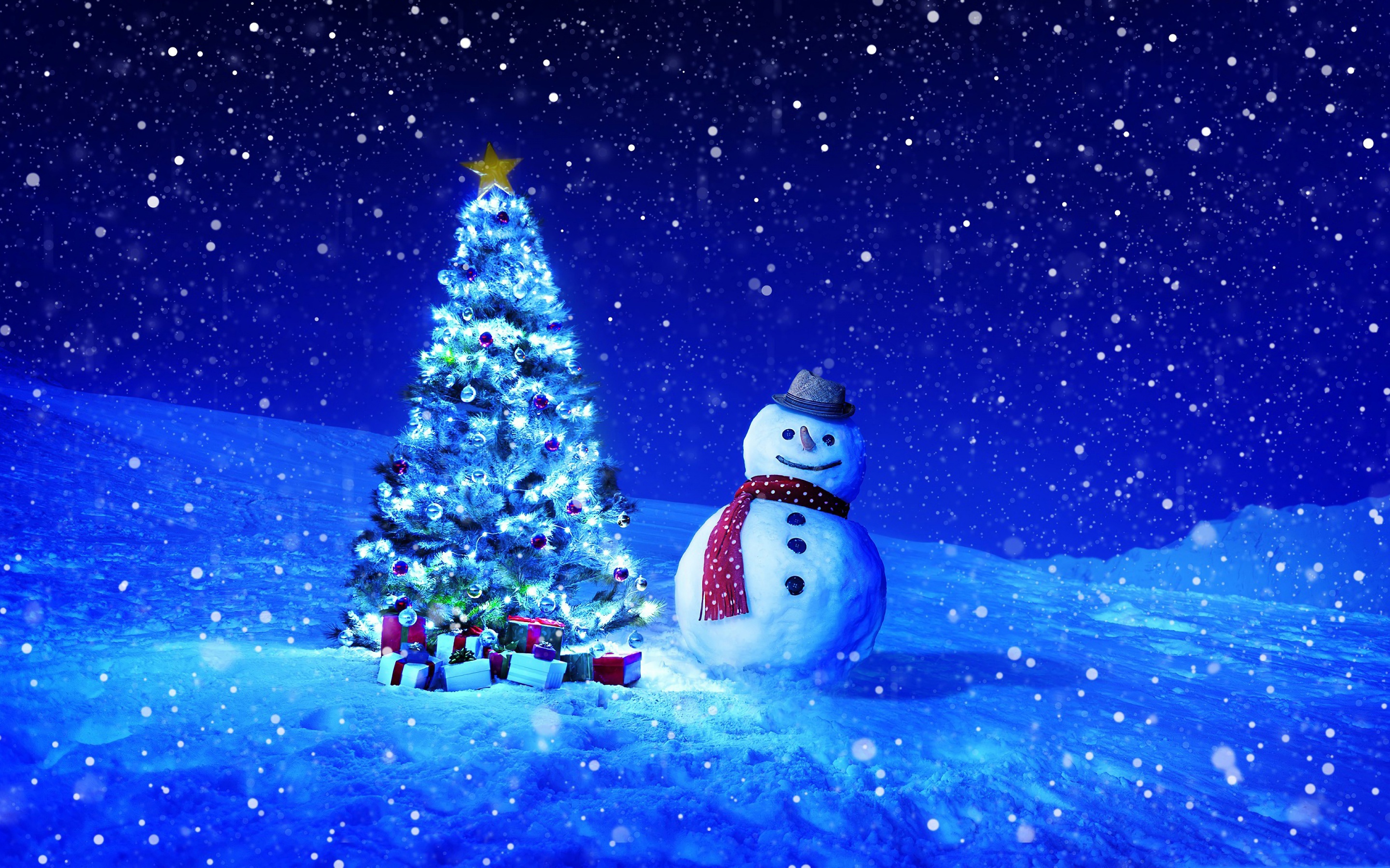 Laden Sie das Feiertage, Winter, Weihnachten, Schneemann, Geschenk, Weihnachtsbaum-Bild kostenlos auf Ihren PC-Desktop herunter