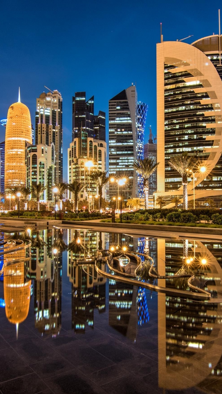 man made, doha, city, reflection, qatar, skyscraper, light, building, night, cities