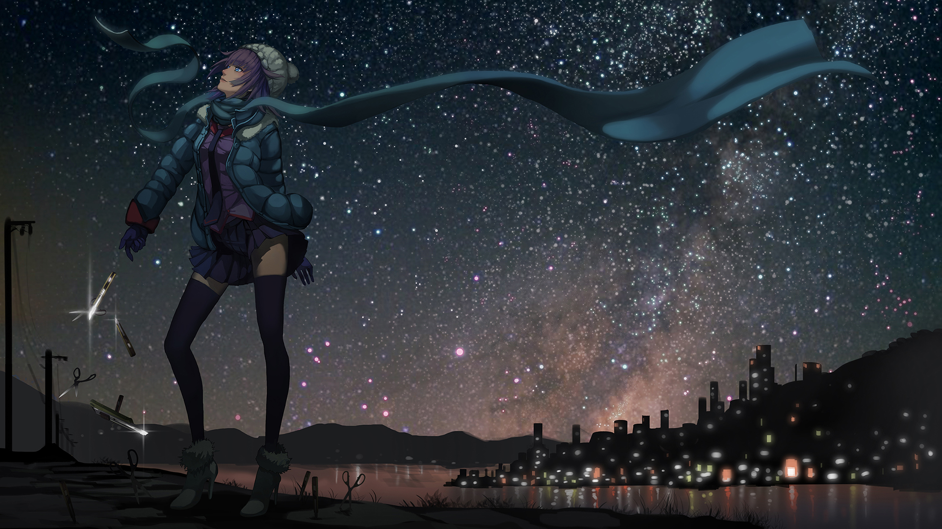 Download mobile wallpaper Anime, Sky, Stars, Night, Monogatari (Series), Hitagi Senjōgahara for free.