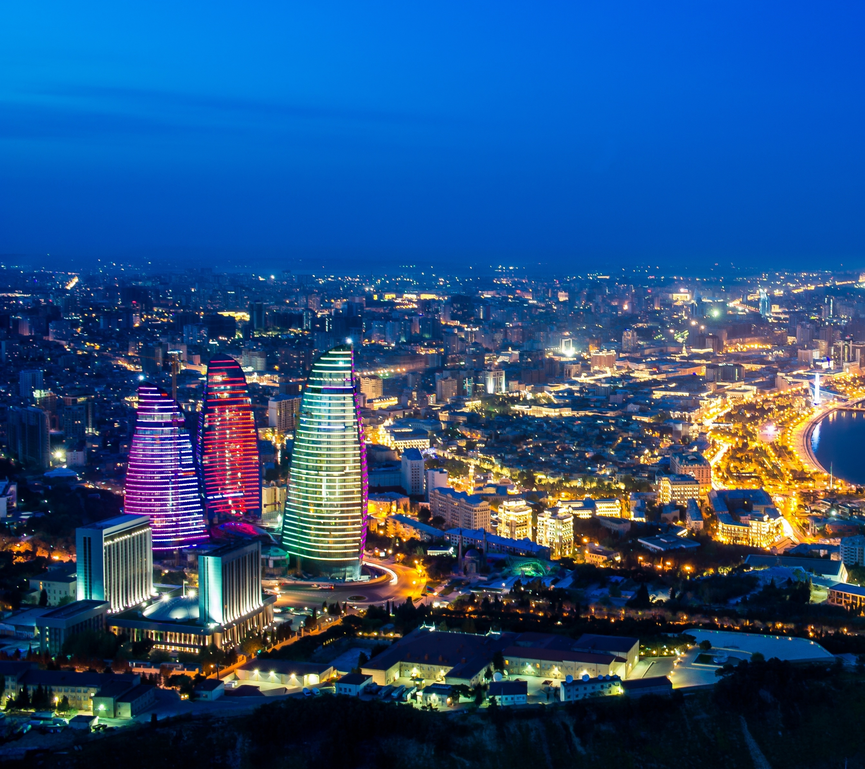 man made, baku, azerbaijan, flame towers, panorama, night, cities