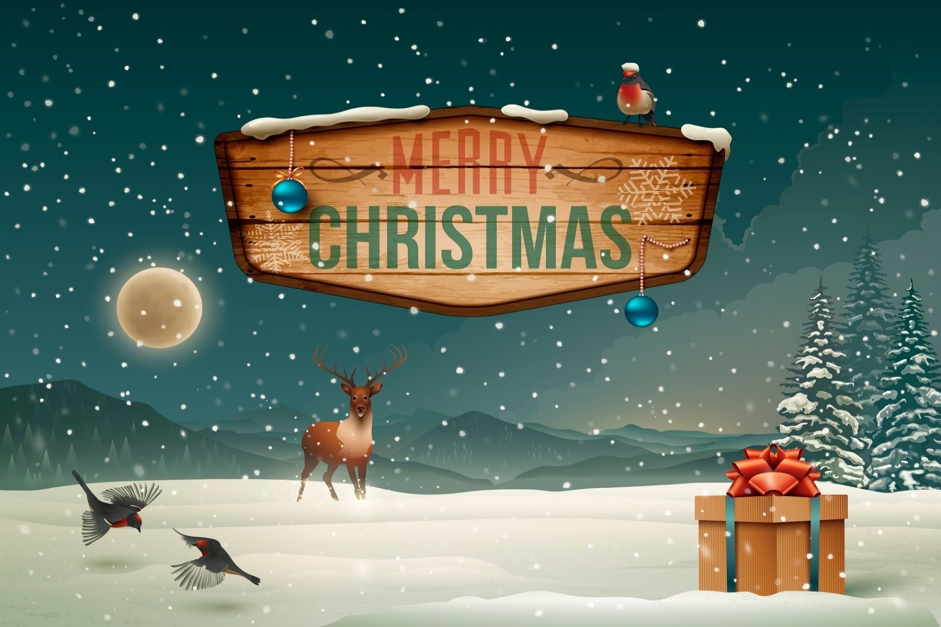 Handy-Wallpaper Feiertage, Mond, Schnee, Weihnachten, Vogel, Baum, Geschenk, Frohe Weihnachten, Rentier kostenlos herunterladen.