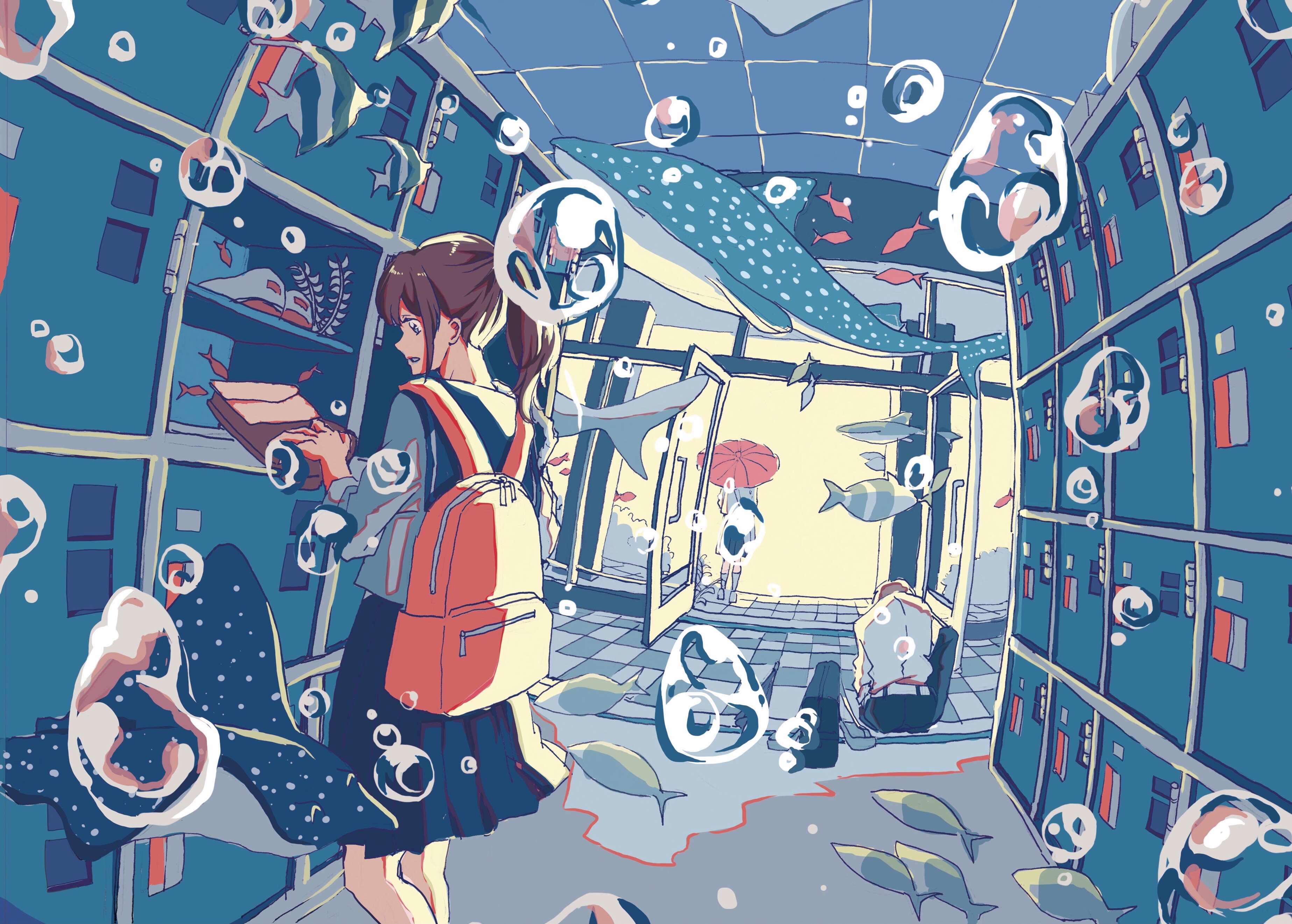 Free download wallpaper Anime, Girl, Fish, Whale, Underwater, Bubble on your PC desktop